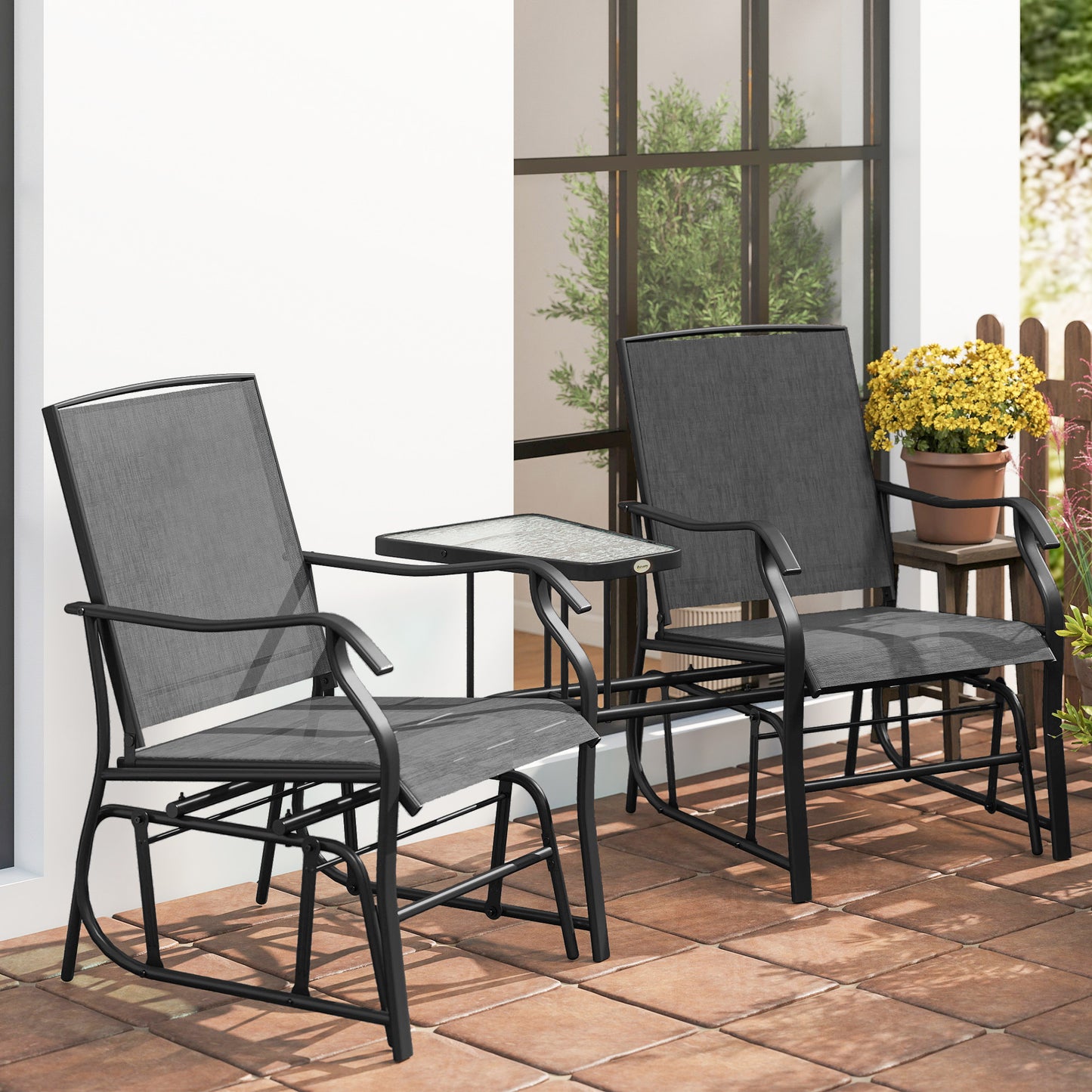 Gliding Jack and Jill Seat, with Glass-Top Table