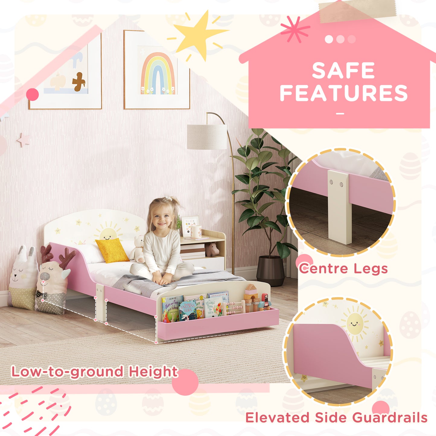 Toddler Bed with Storage, Guardrails, Sun Design, for Ages 3-8 Years
