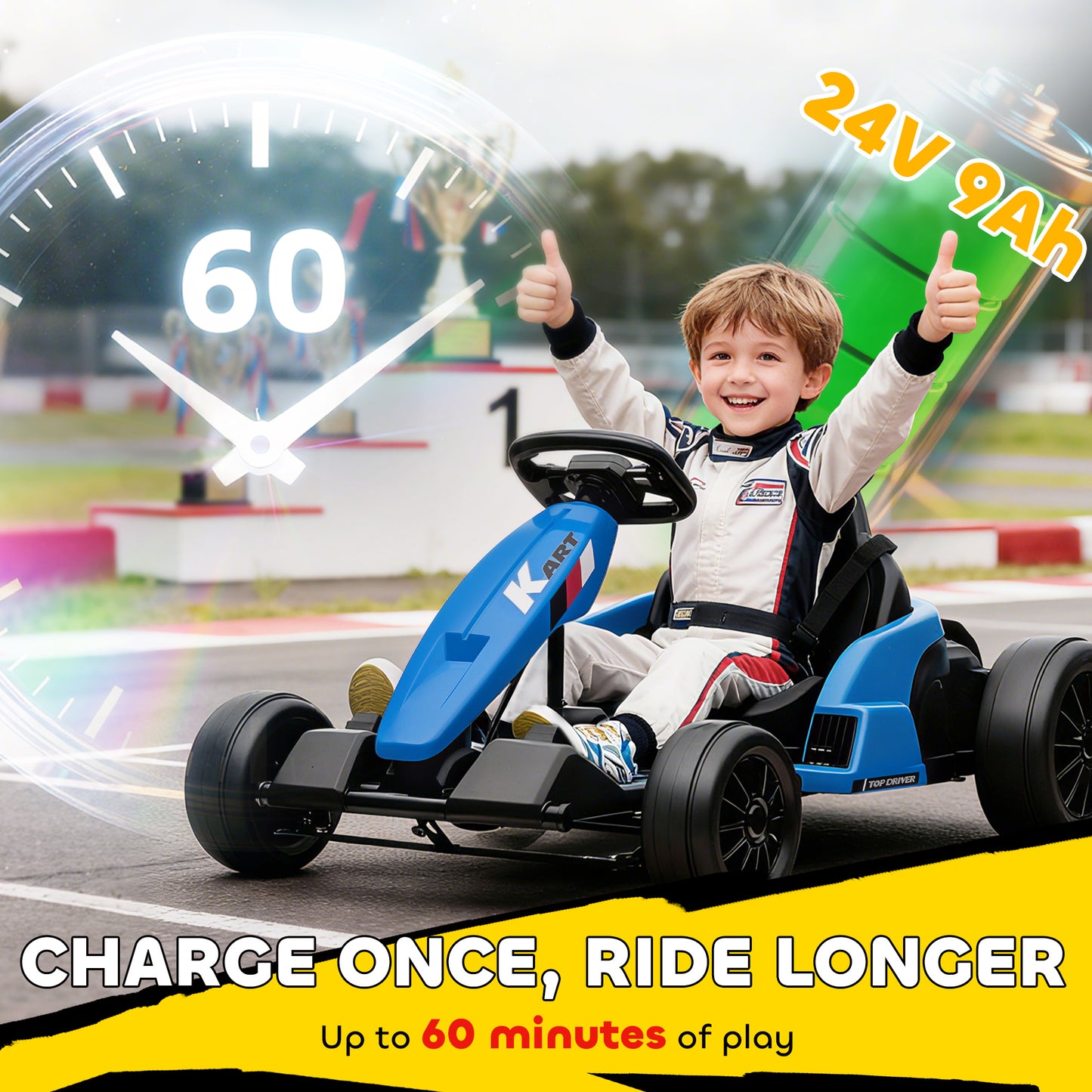 24V Electric Go Kart, Drift Kart with Adjustable Seat, Slow Start