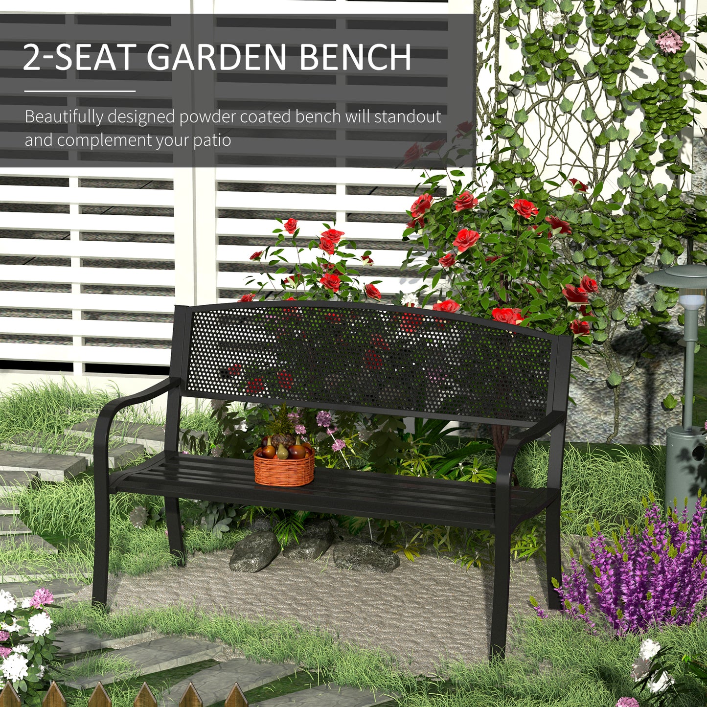 Garden Bench Furniture Patio Park 2 Person Chair Seat Steel Black