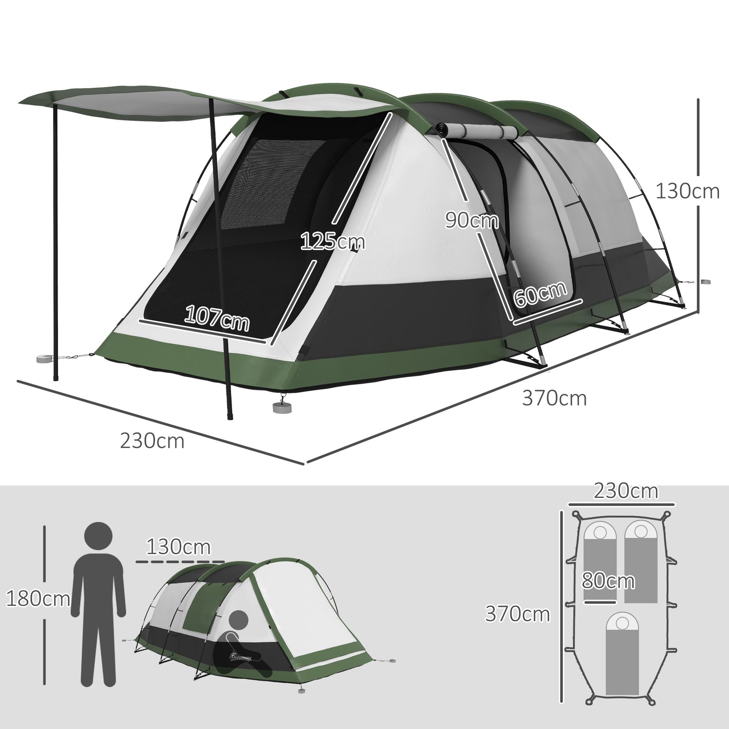 Three-Man Camping Tent, with Two Rooms and Porch