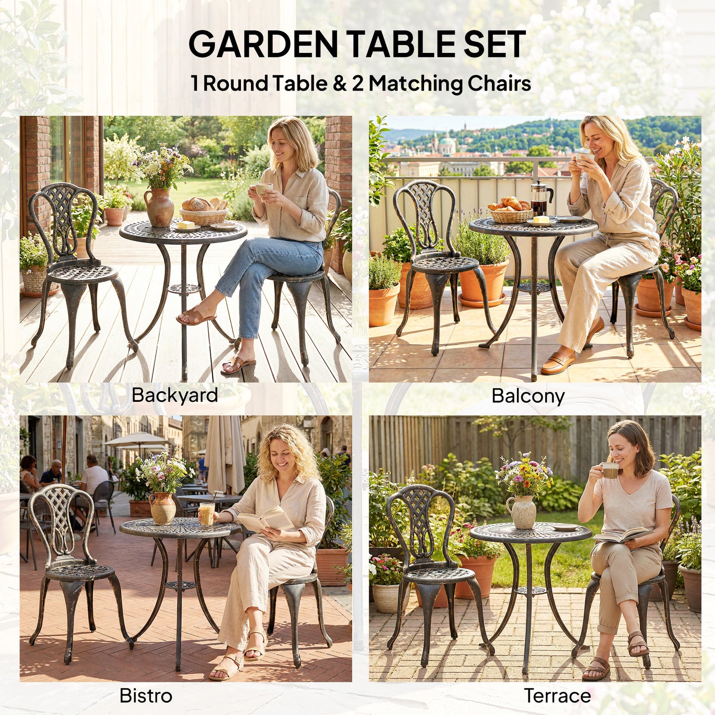 Outdoor Bistro Set for 2 Cast Aluminium Patio Furniture