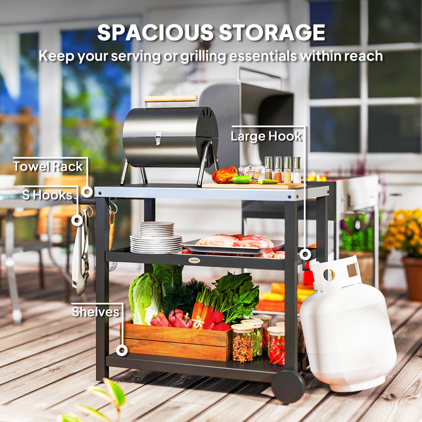 Outdoor Grill Dining Cart 3-Shelf Movable Pizza Oven Table Stand