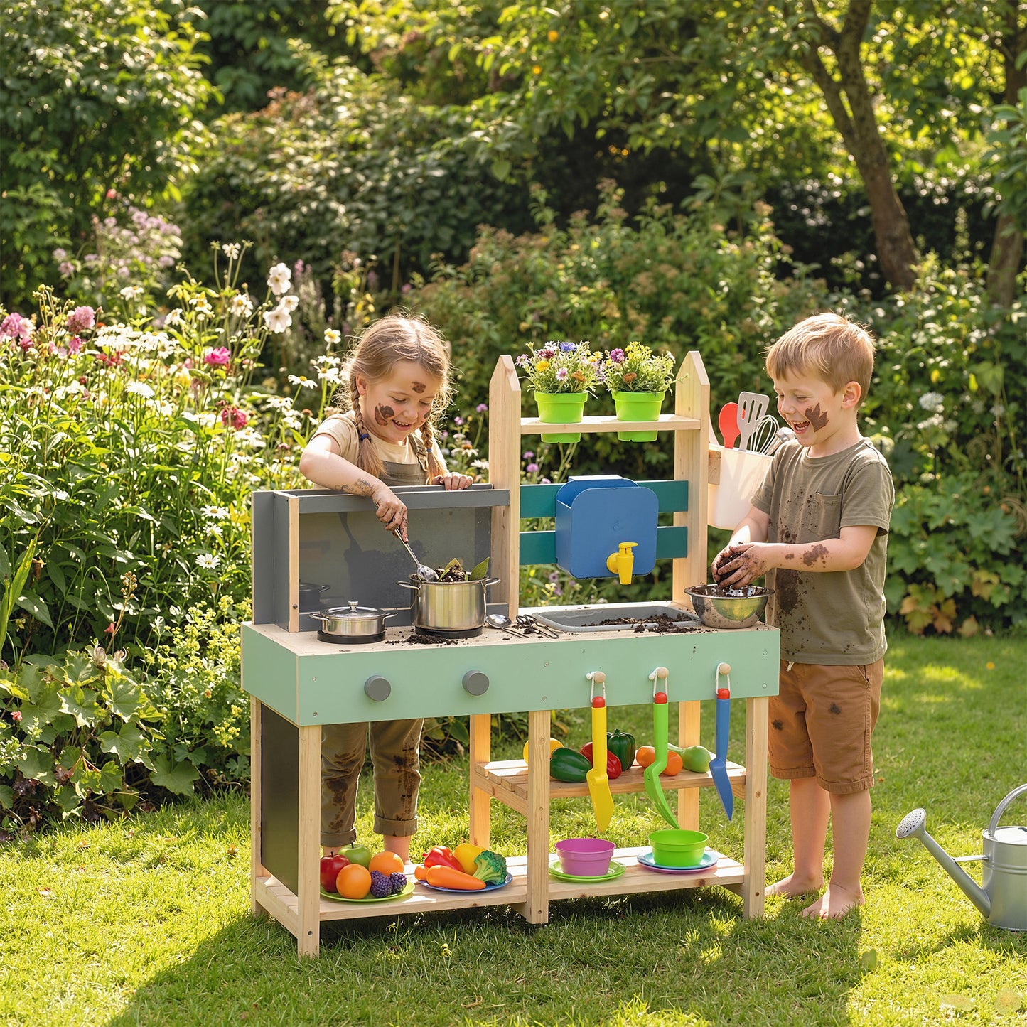 Mud Kitchen with Working Faucet, Kids Play Kitchen with Flower Pots