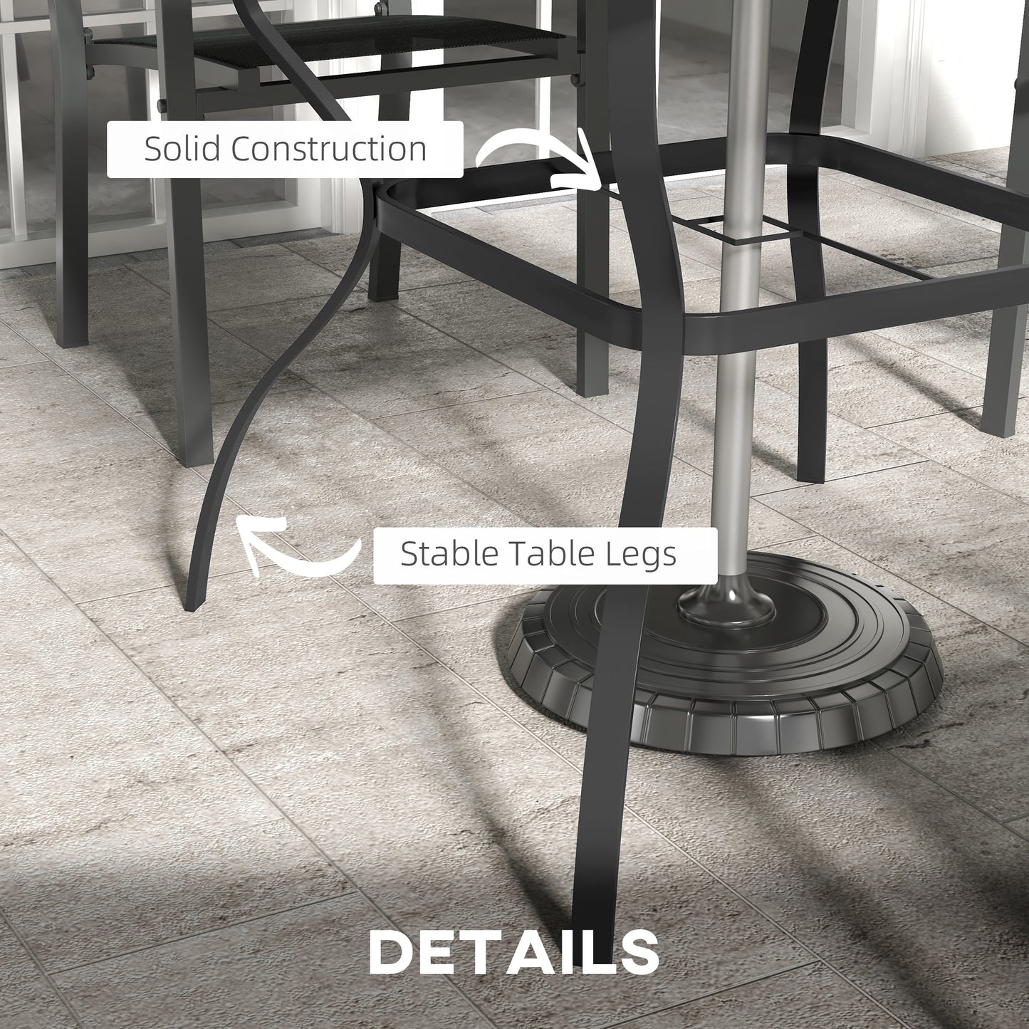 Four-Seater Steel Garden Table, with Parasol Hole - Grey/Black