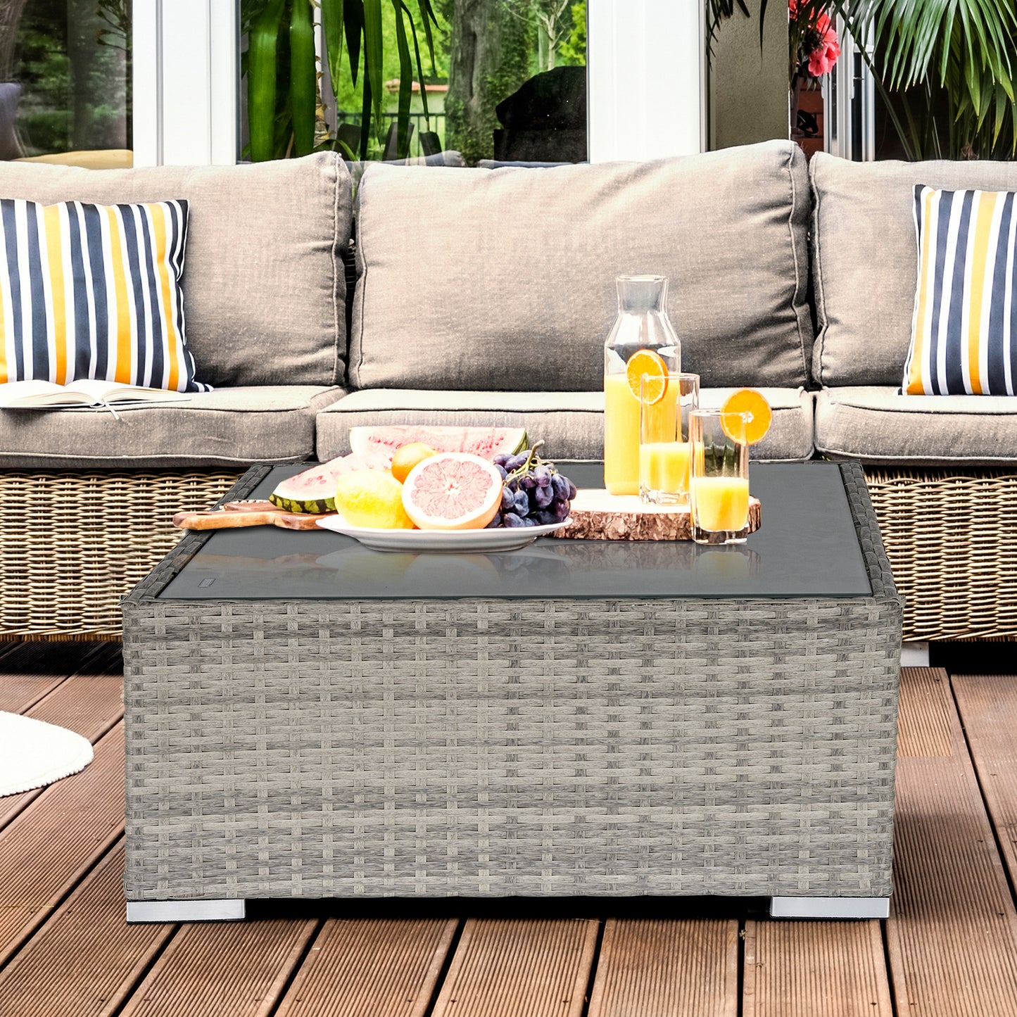 Square PE Wicker Rattan Table, with Glass Top