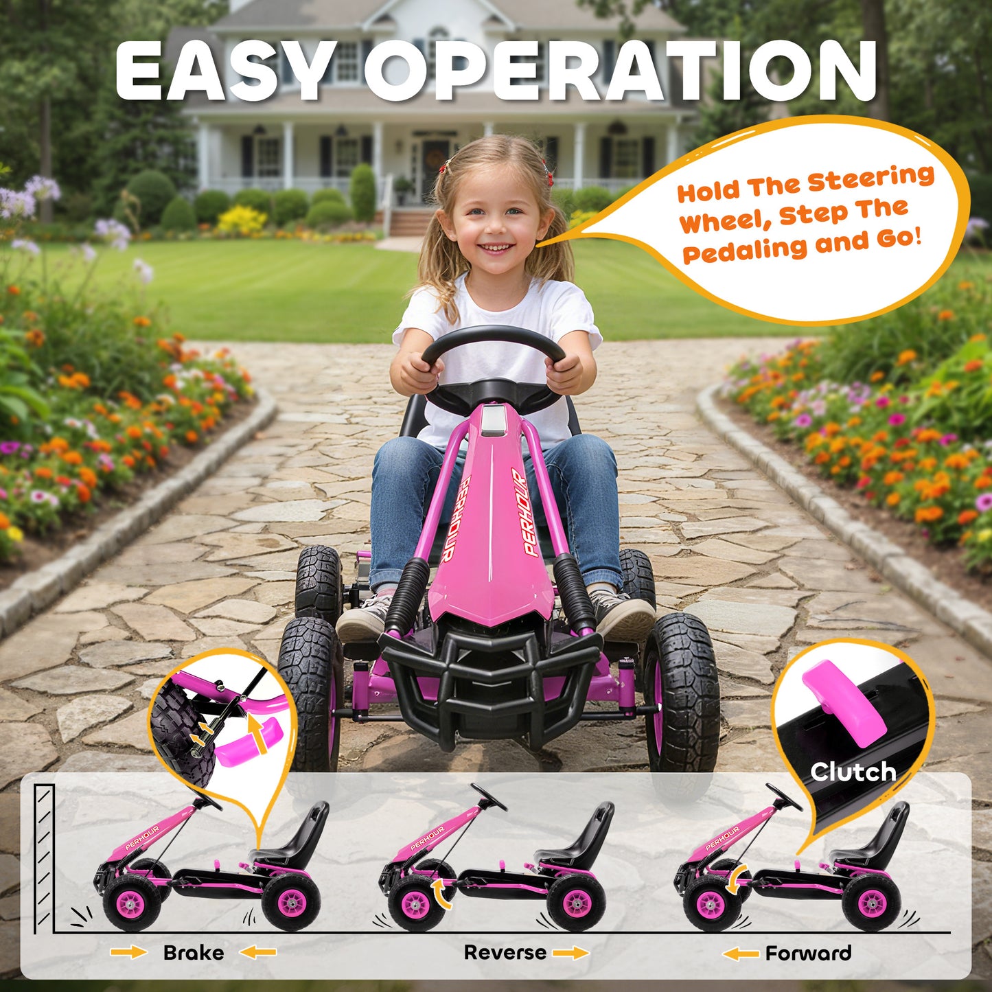 Kids Pedal Go Kart with Adjustable Seat, EVA Tyres, Manual Clutch