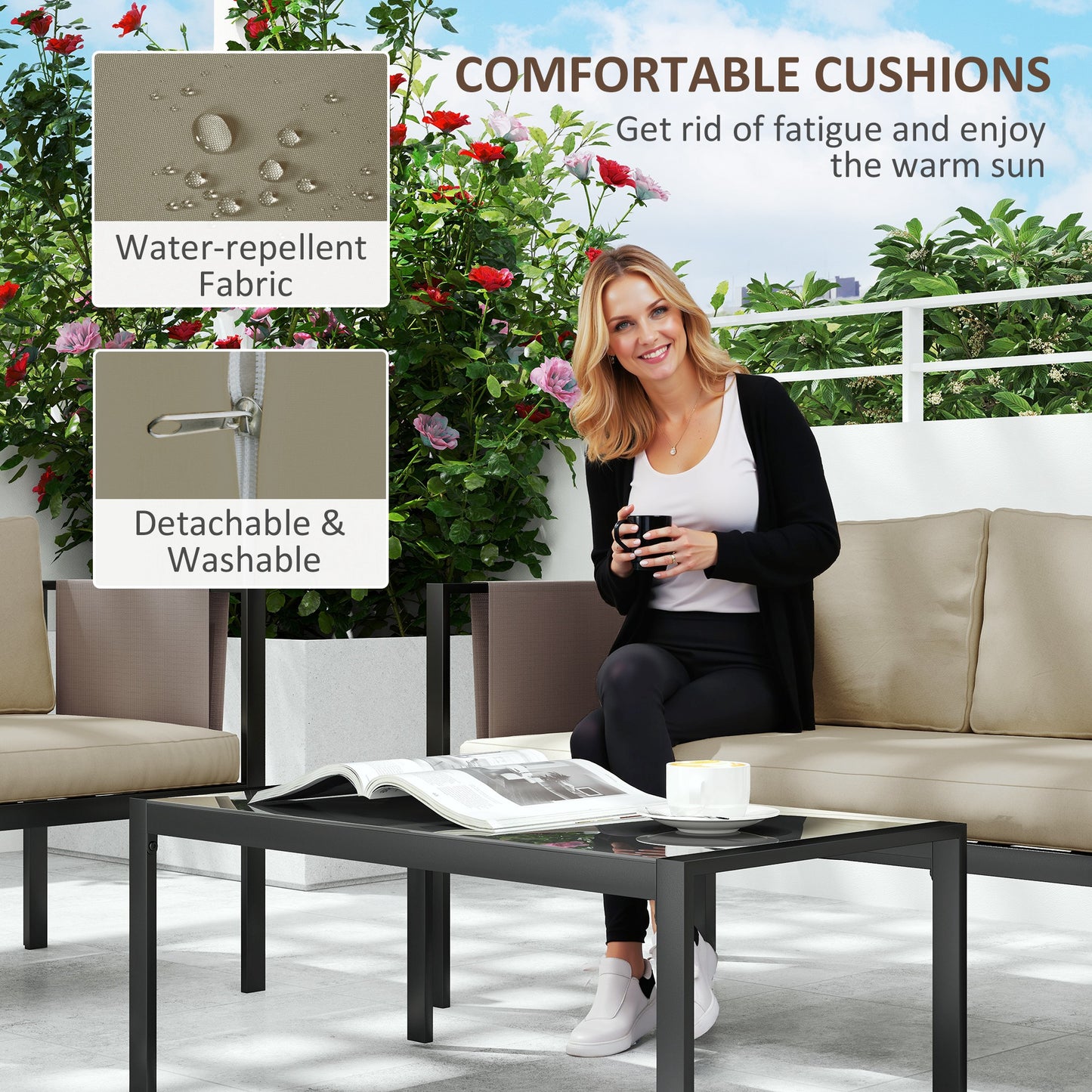 4 Piece Metal Garden Furniture Set with Tempered Glass Coffee Table