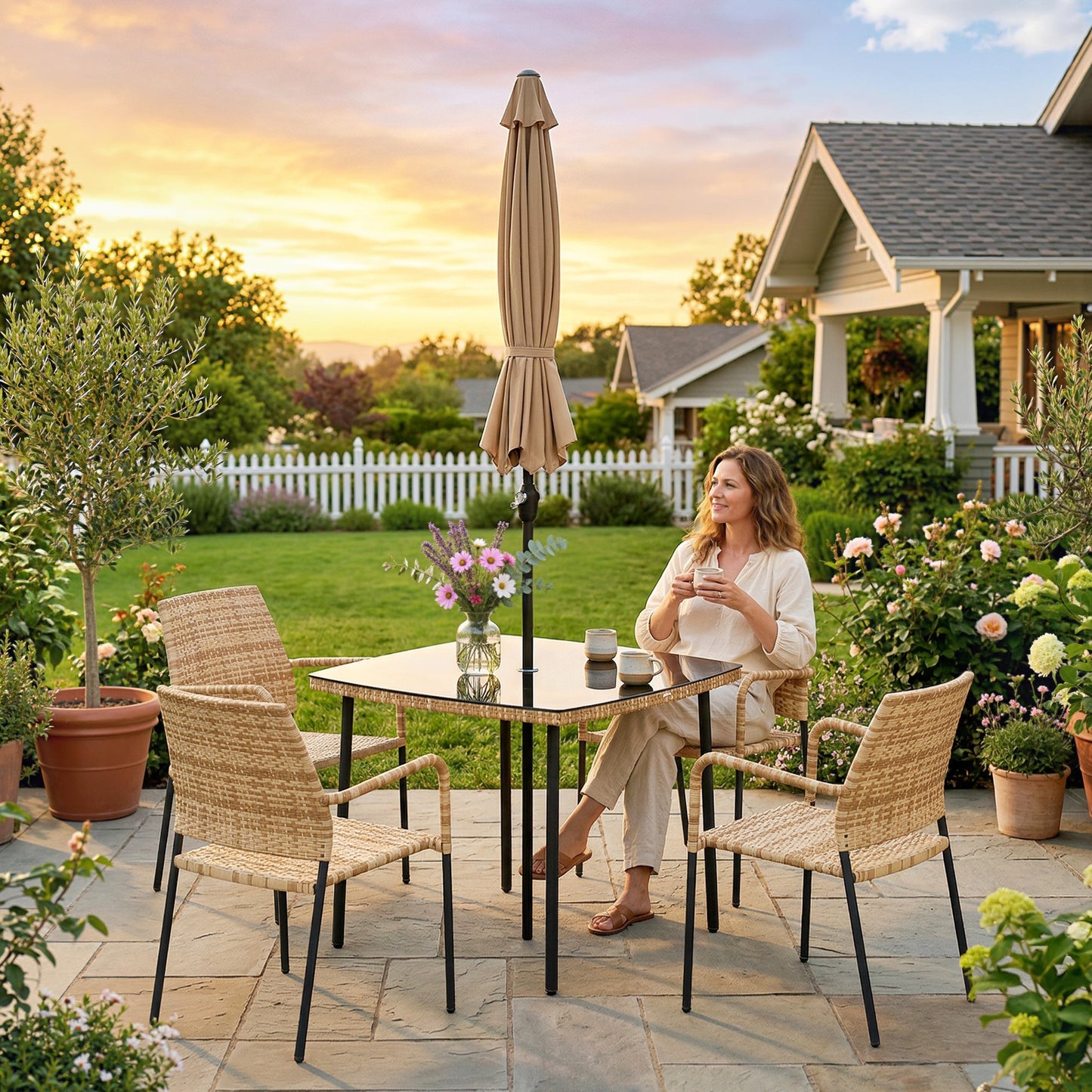 4 Seater Rattan Dining Set with Parasol