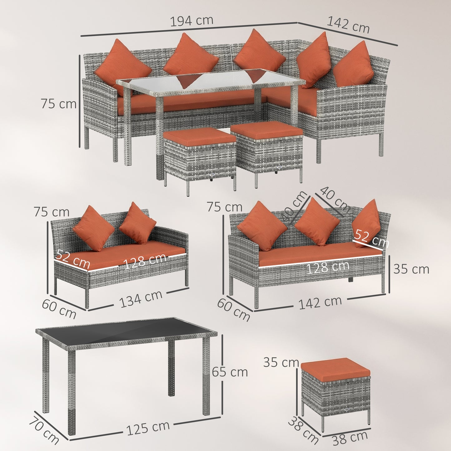 6-Seater Rattan Dining Set Sofa Table Footstool Outdoor w/ Cushion