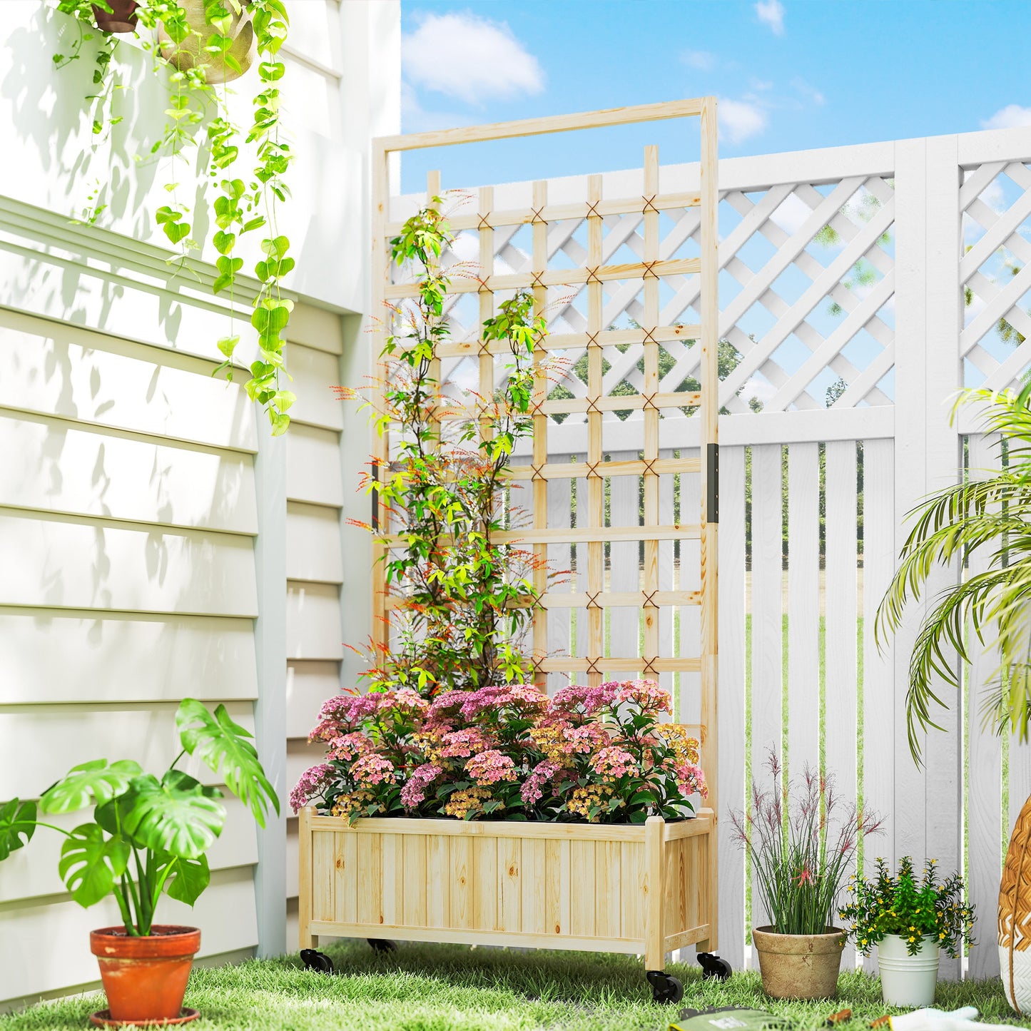 Wooden Trellis Planter, Raised Garden Bed with Wheels