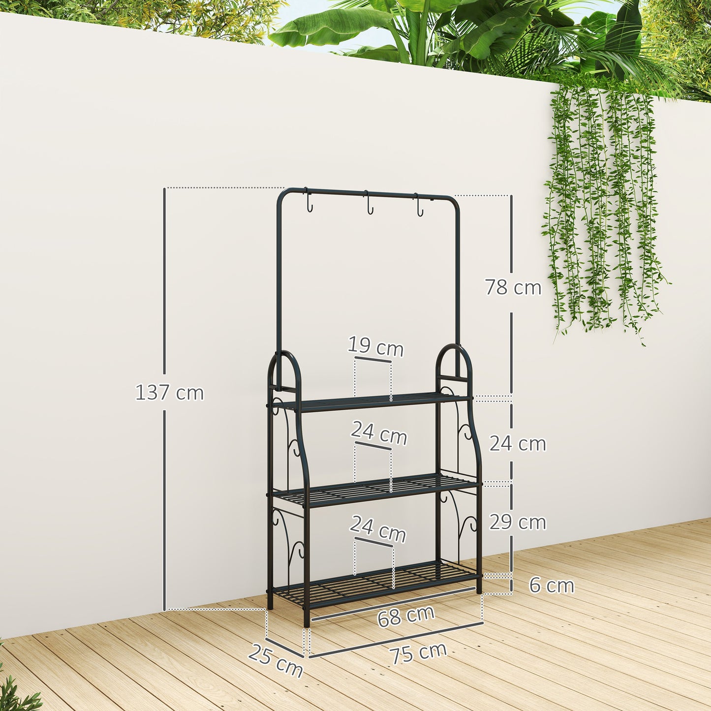 3 Tier Plant Stand with Hanging Rod and Hooks