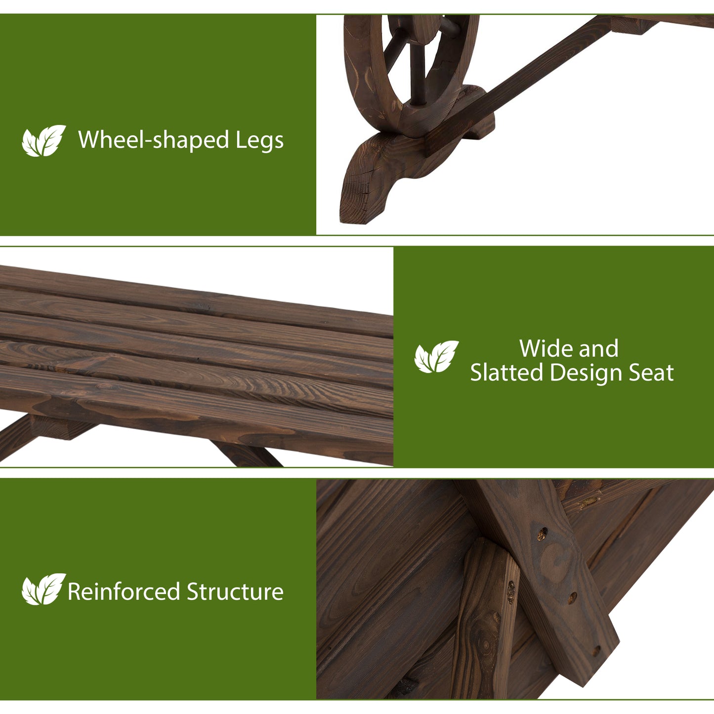 Garden Rustic Wooden Bench Wheel-Shaped Legs Slatted Seat Stable