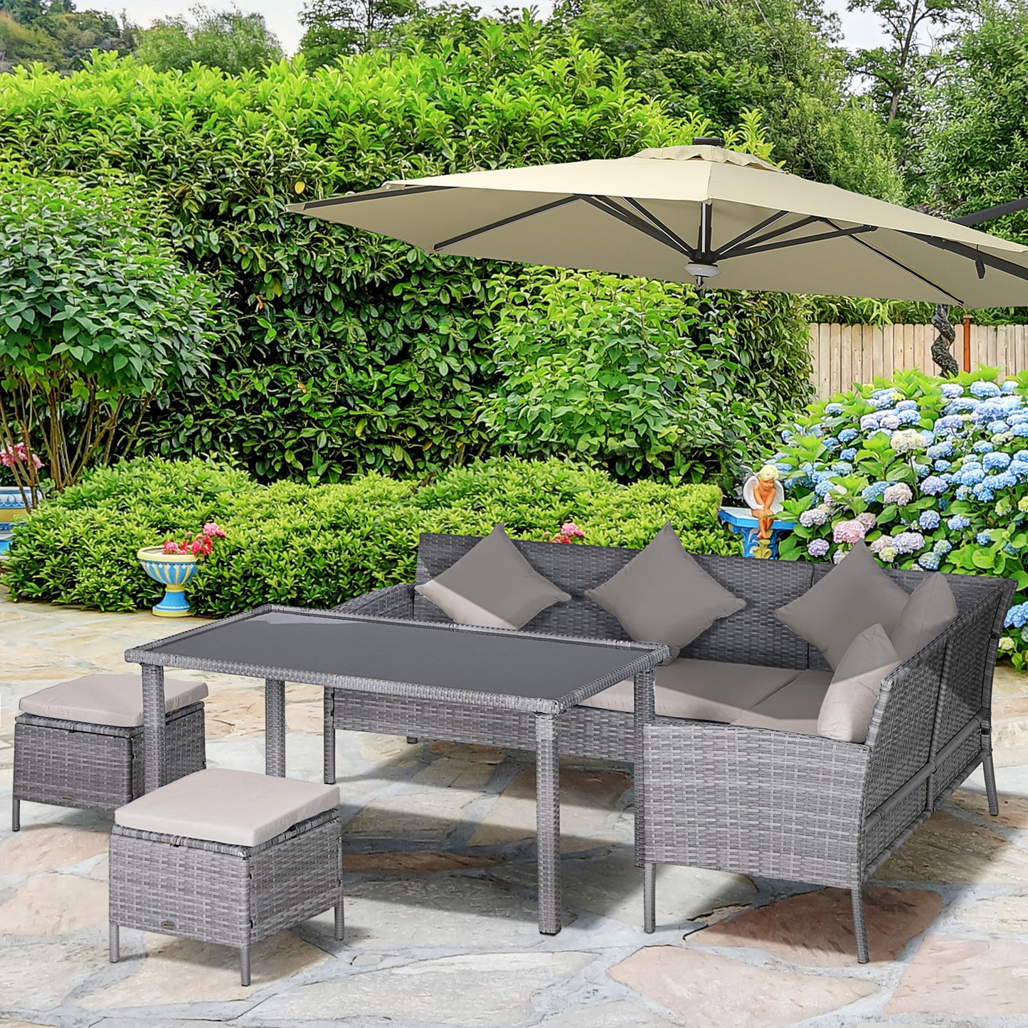 6-Seater Rattan Dining Set Sofa Table Footstool Outdoor w/ Cushion
