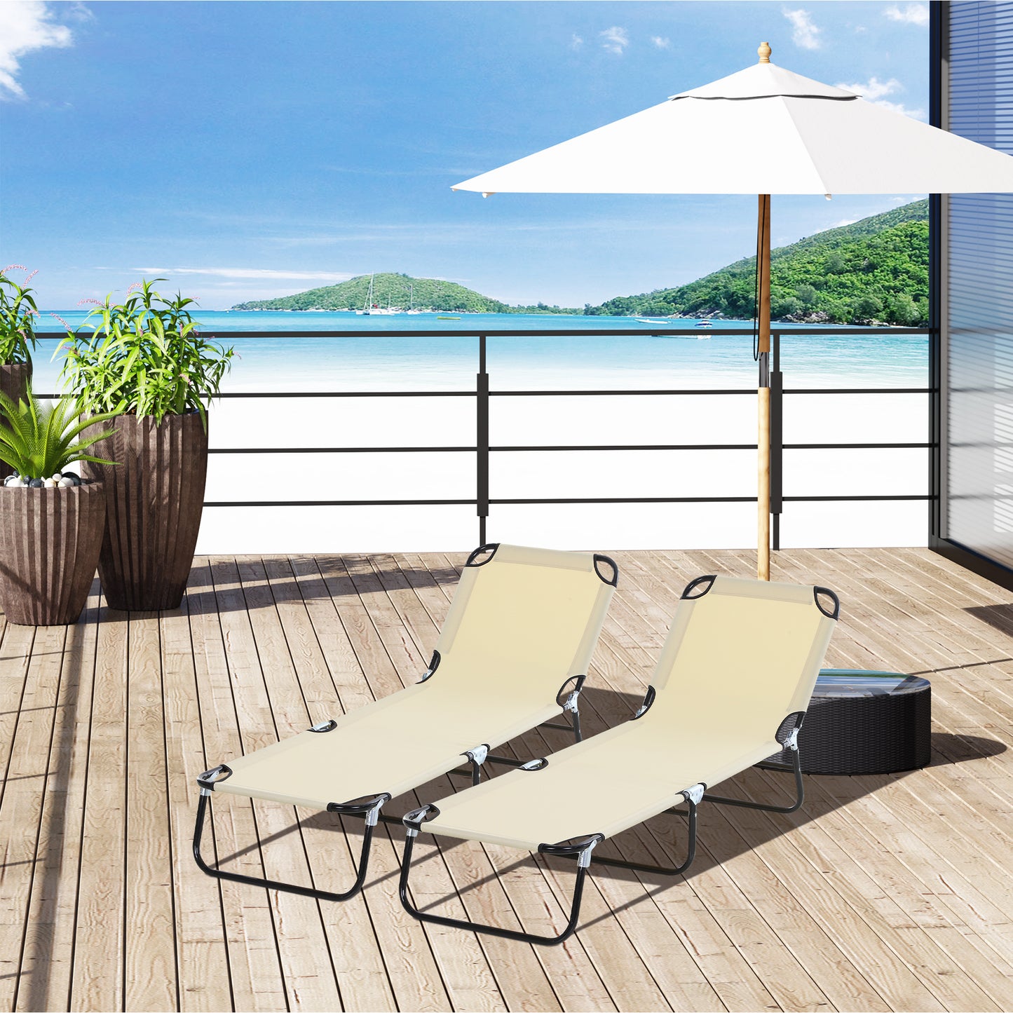 2 Piece Foldable Sun Loungers with 5-Position Adjustable Backrest