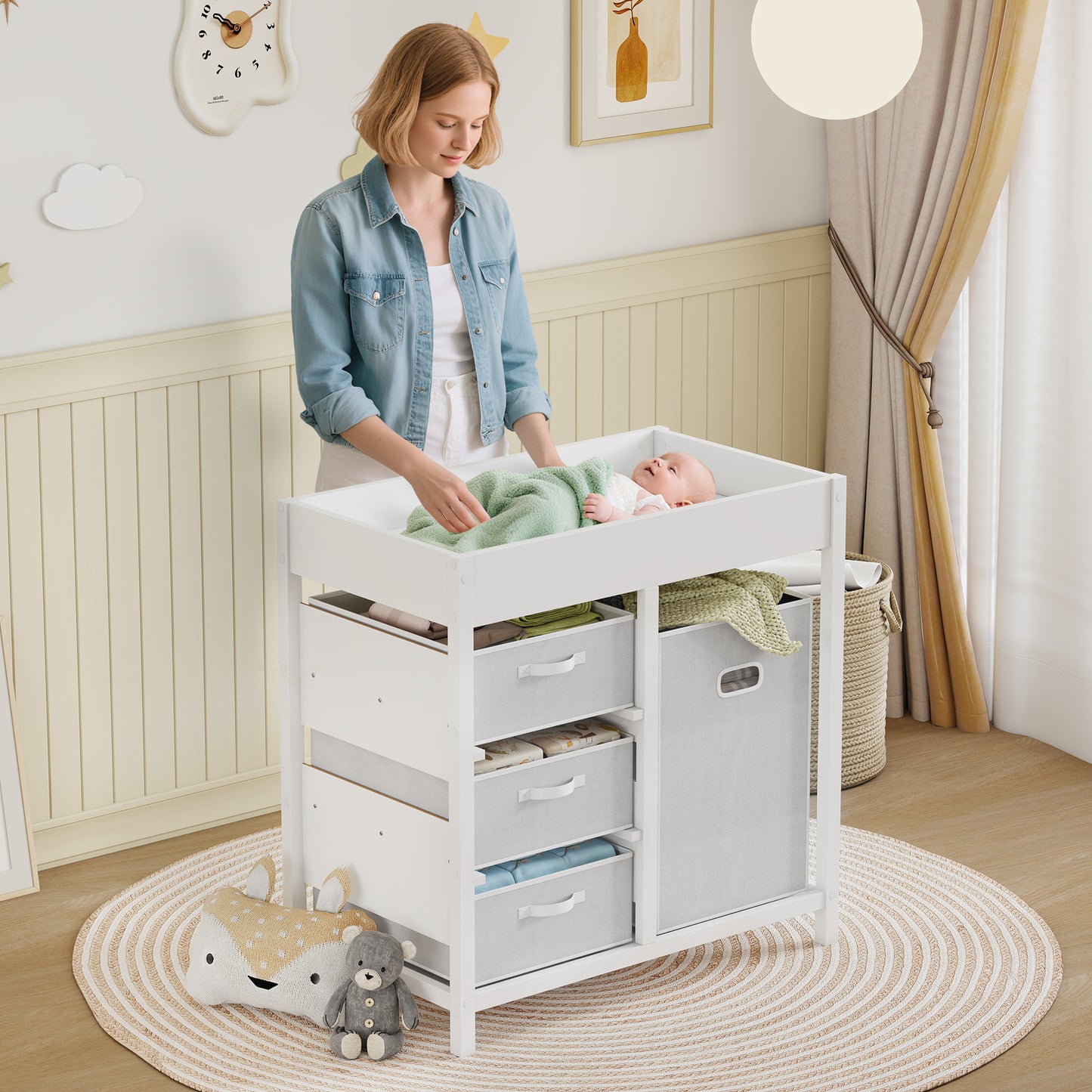 Baby Changing Unit with 4 Storage Drawers, Mat for Bedroom Nursery