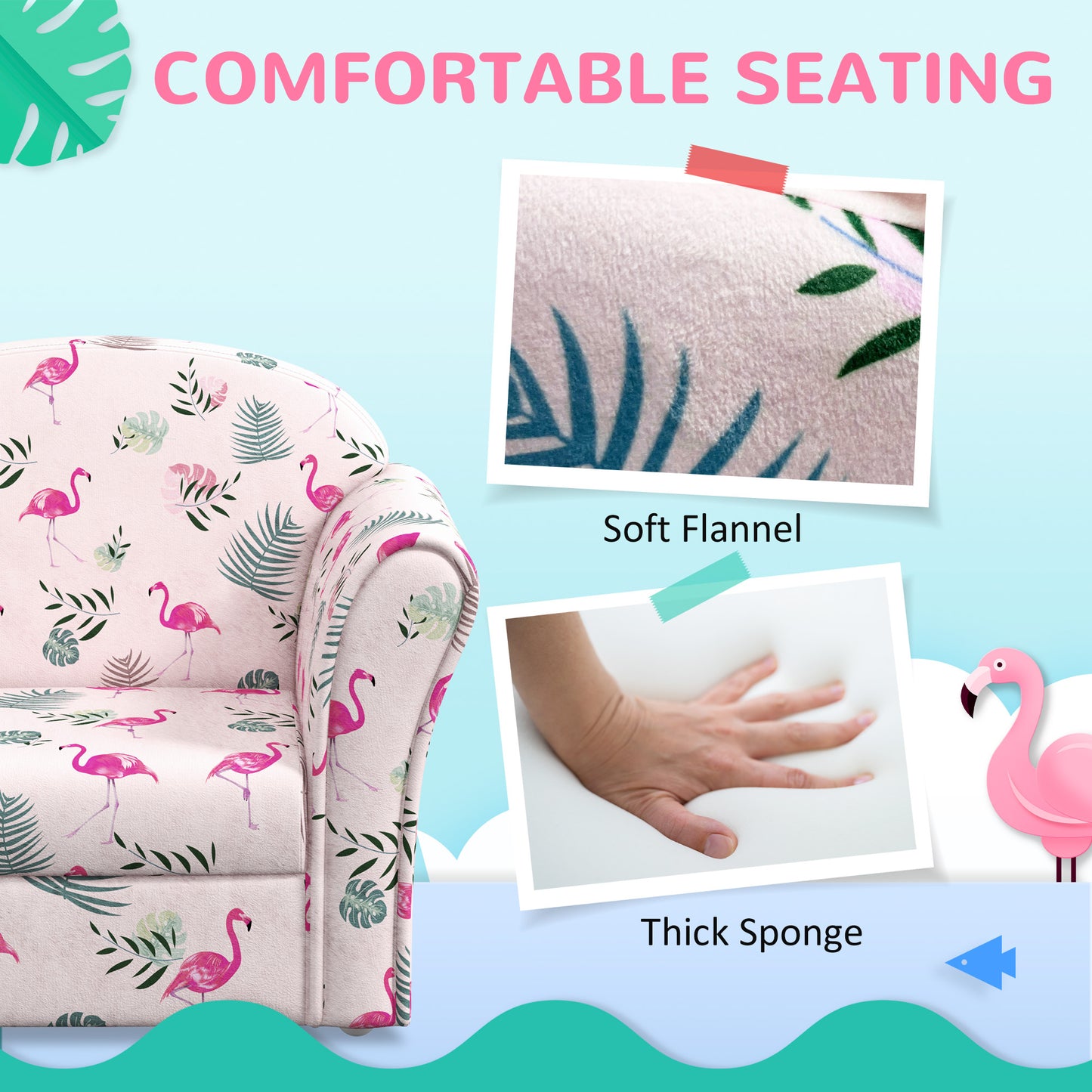 Kids Armchair with Flamingo Design, Wooden Frame, for Bedroom
