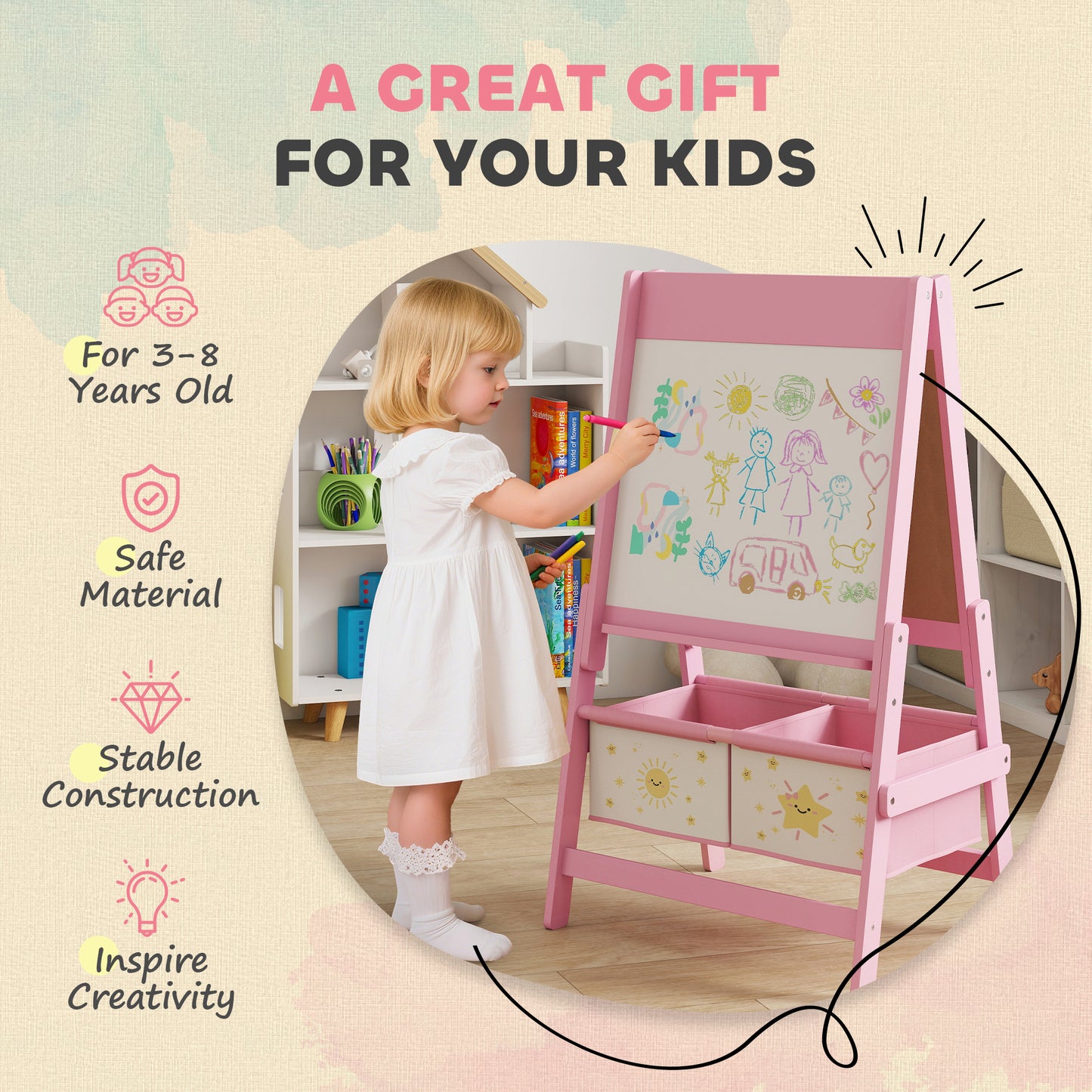 Art Easel for Kids, Double-Sided Whiteboard/Blackboard
