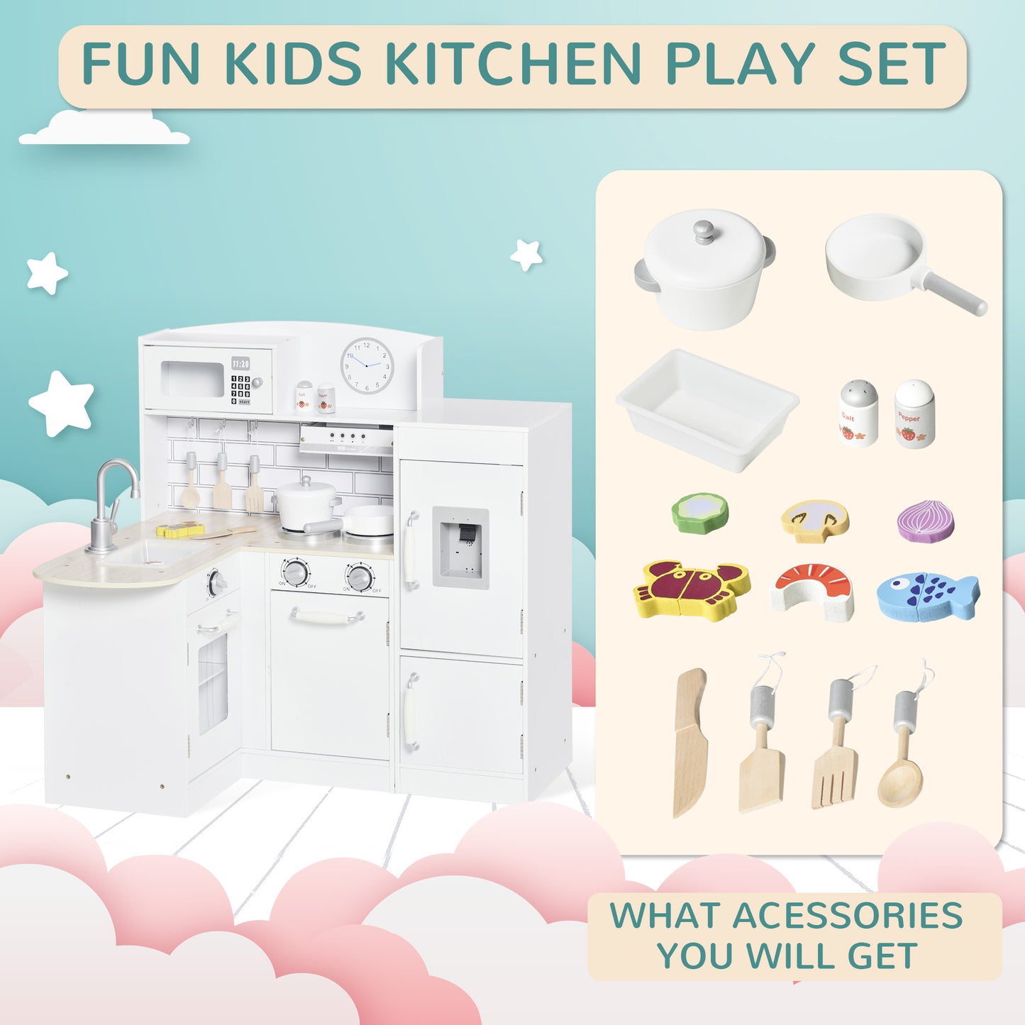 Kids Play Kitchen Wooden Toy Kitchen Cooking Set for Children