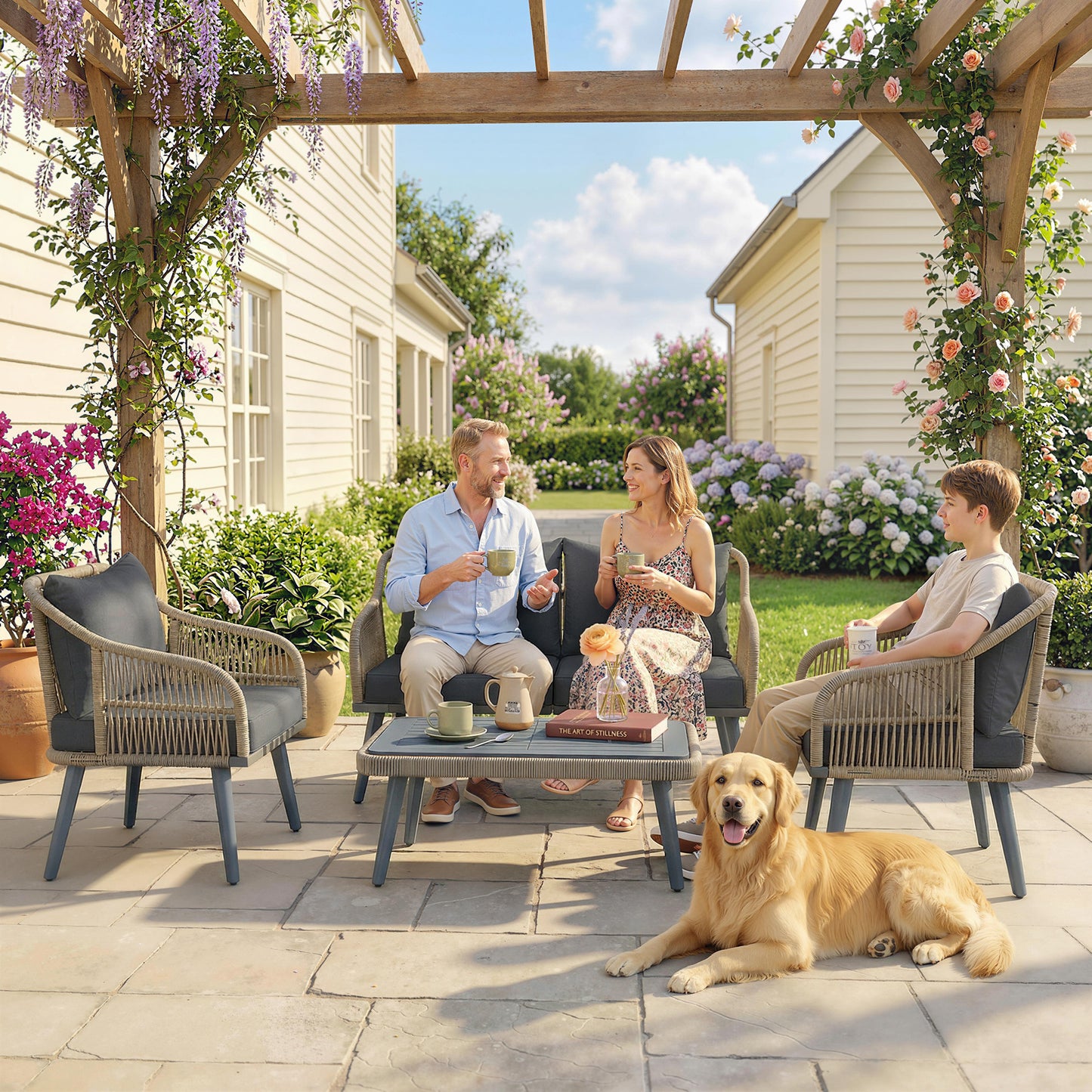 4 Piece Rattan Garden Furniture Set with Loveseat, Armchairs
