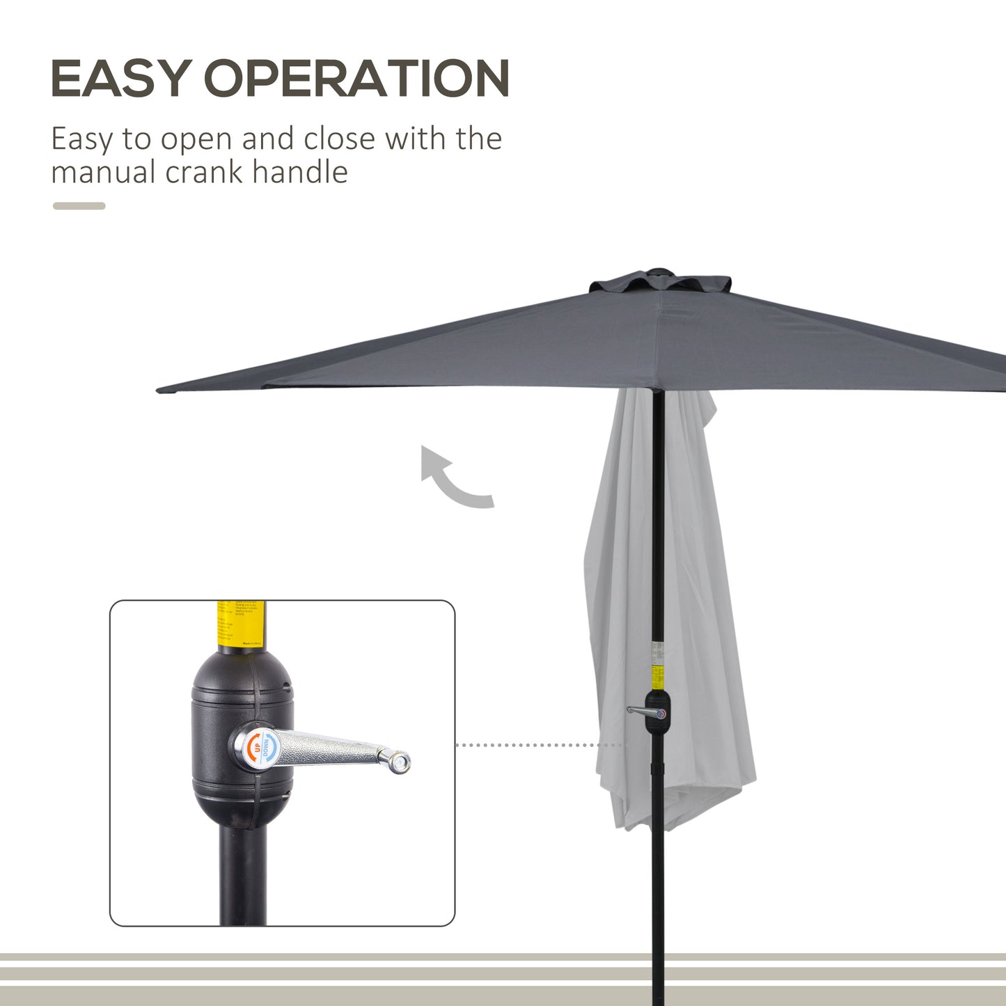 3(m) Half Parasol Semi Round Umbrella Patio Metal Frame Crank Handle