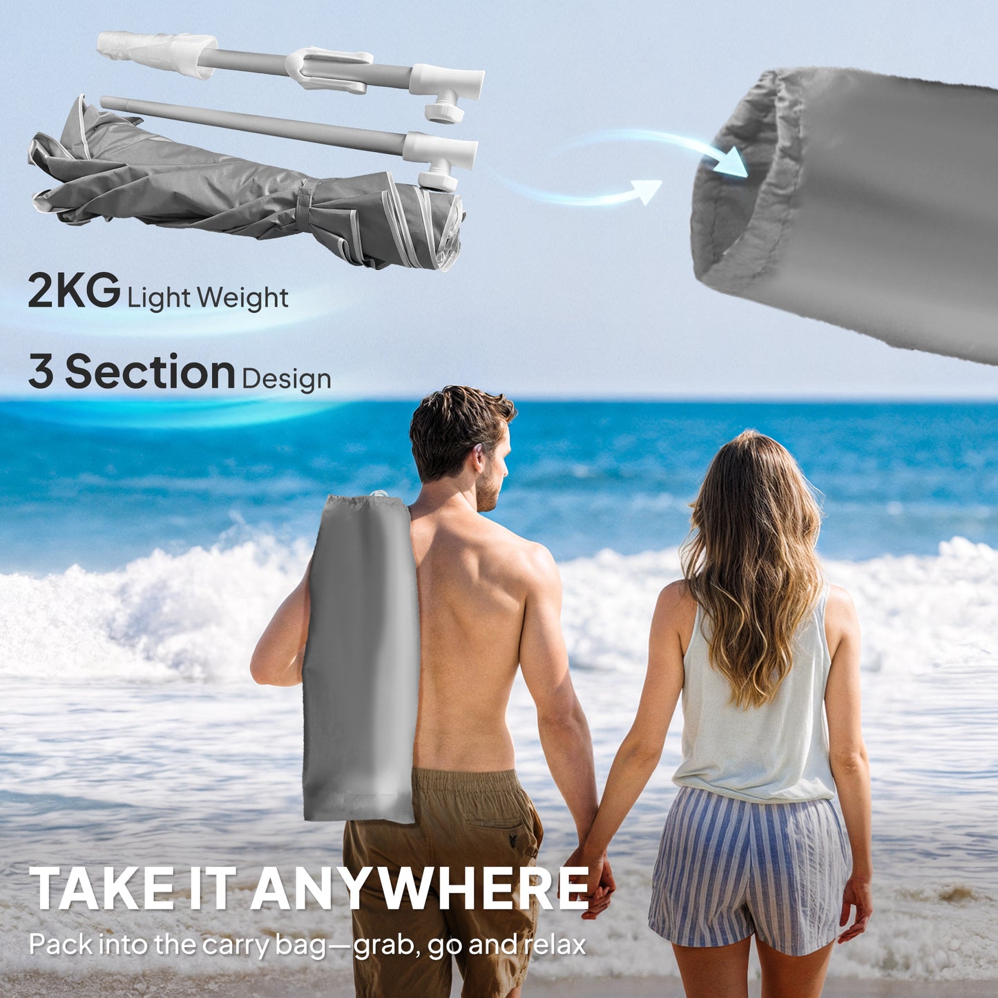 Beach Umbrella Portable with Sand Anchor, Carry Bag