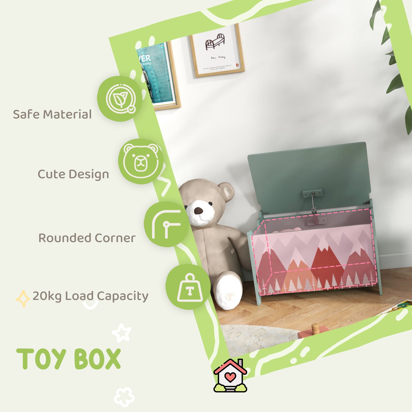 Toy Box, Kids Storage Chest, with Lid, Safety Hinge