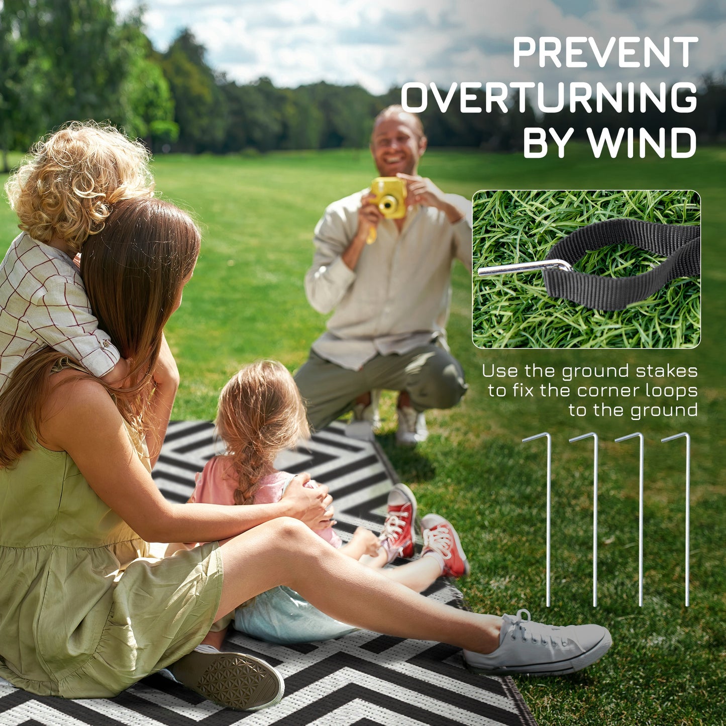 Reversible Outdoor Rug, Plastic Straw Mat w/ Carry Bag Ground Stakes