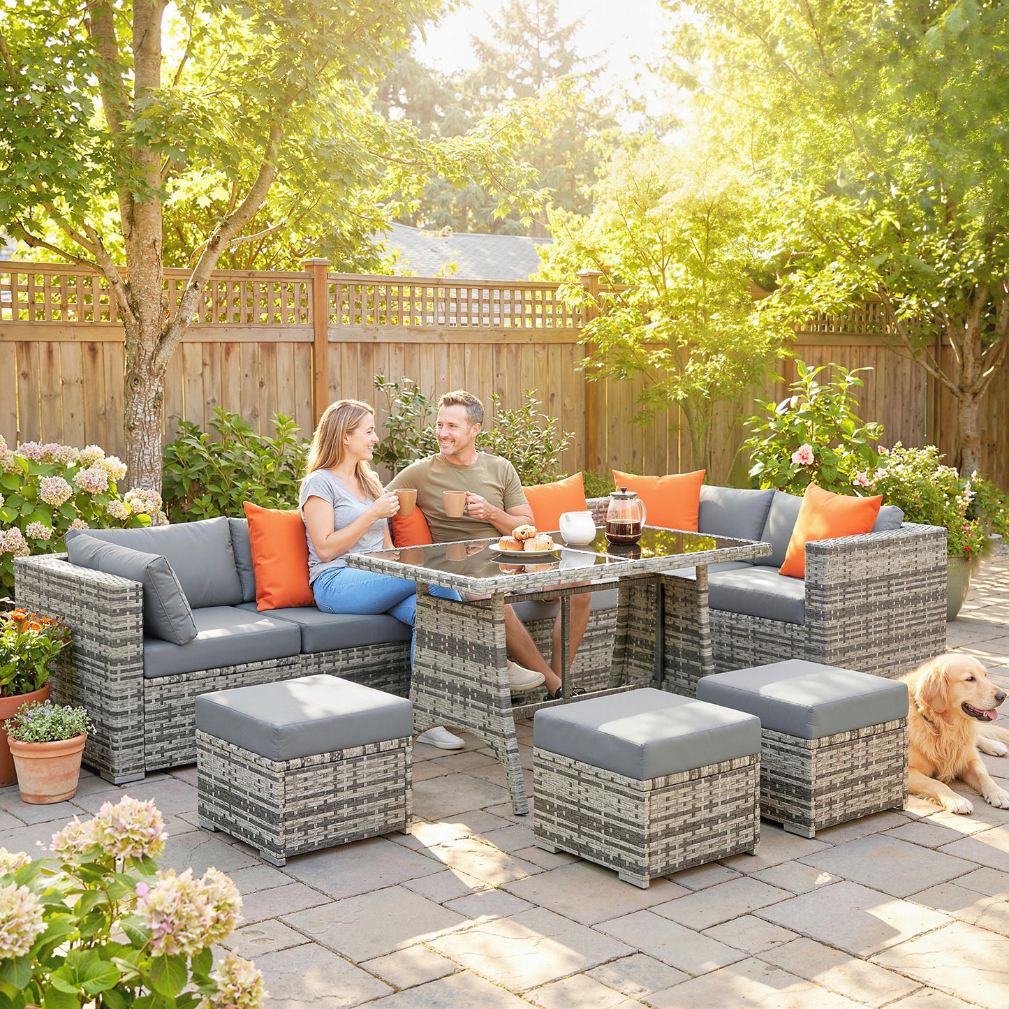 10 Piece Rattan Garden Furniture Set, 3 Corner Sofas with 3 Chairs