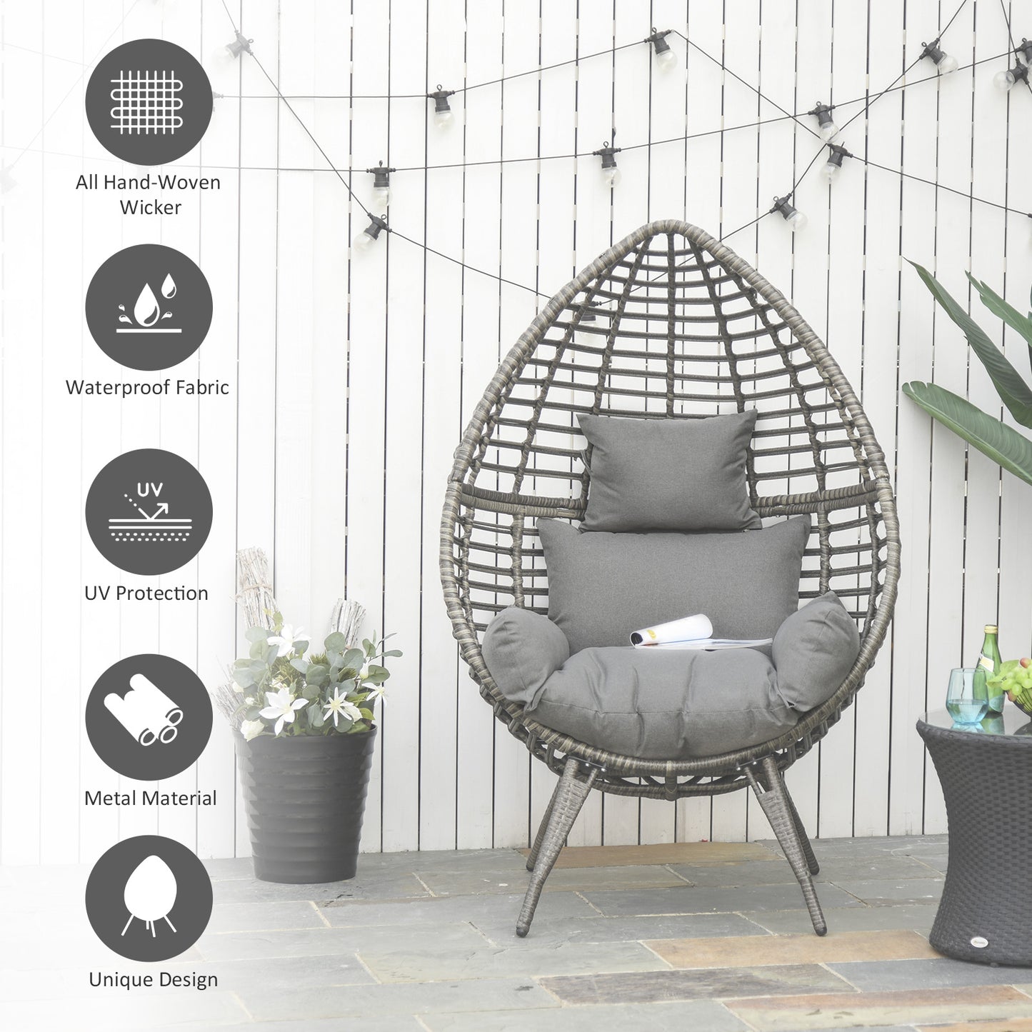 Teardop PE Wicker Rattan Chair w/ Thick Cushions 4 Legs Outdoor