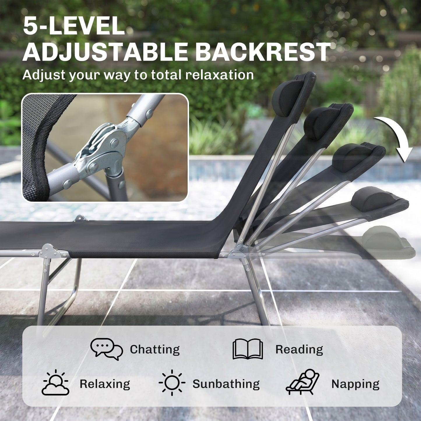 Folding Sun Lounger, Texteline Reclining Sun Bed