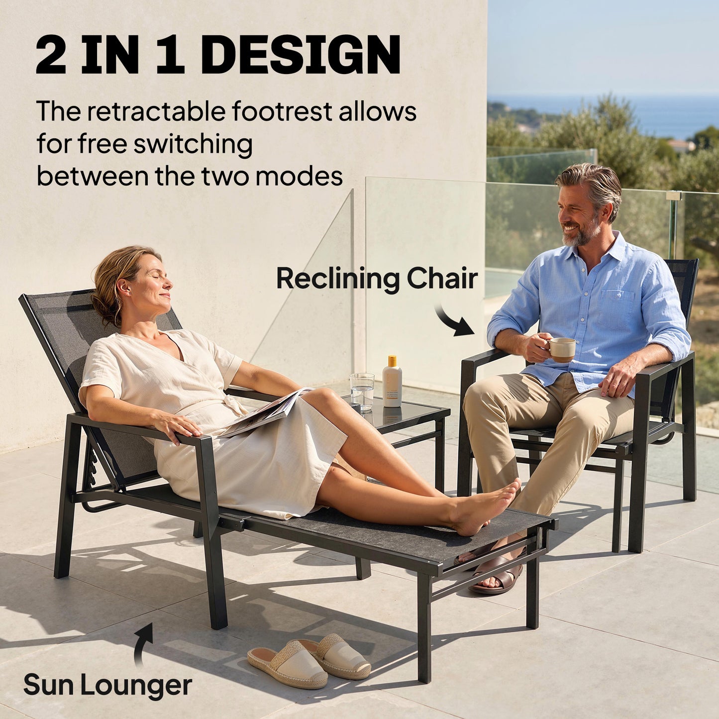 Sun Loungers Set of 2 Retractable Footrest 5-Position Adjustable