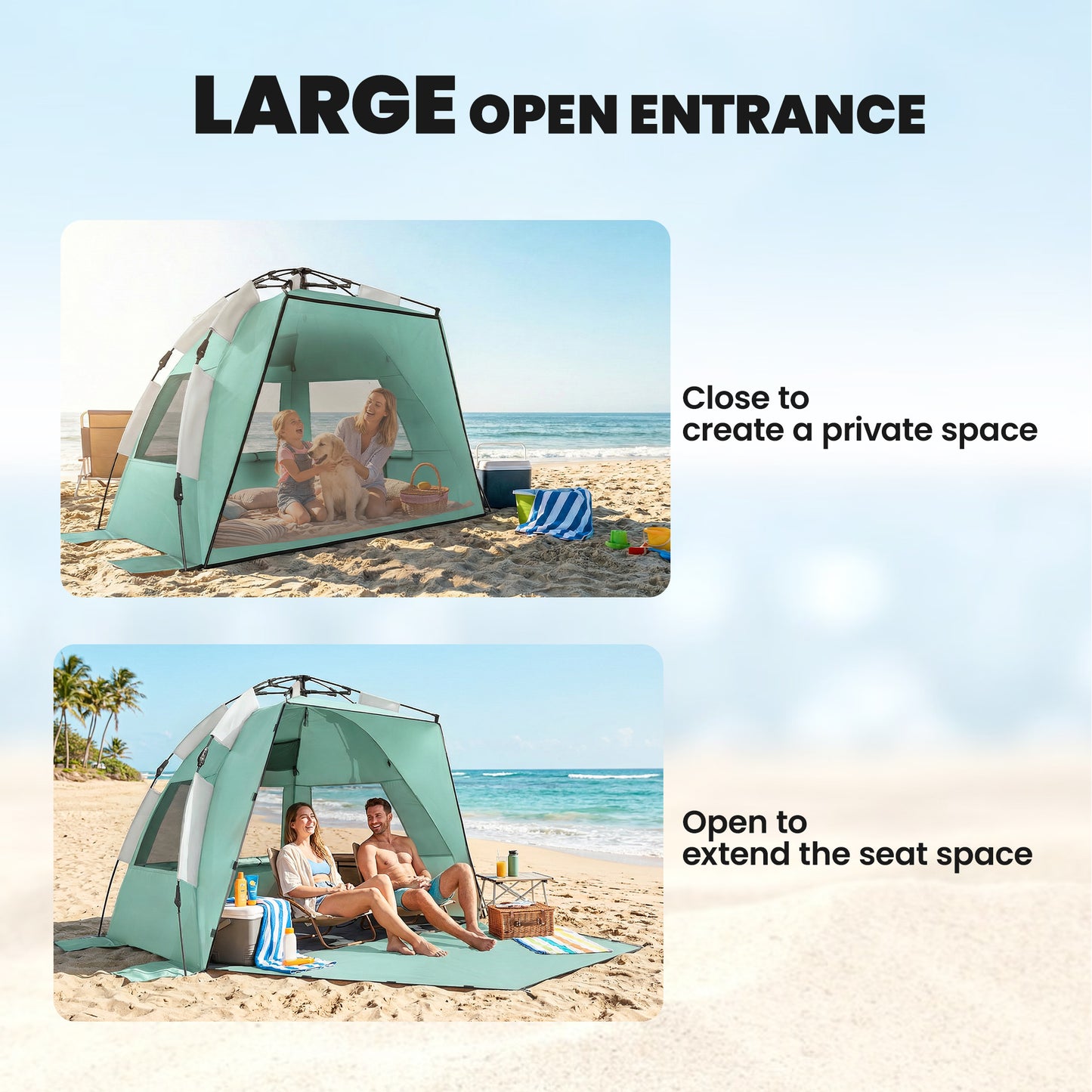 2-3 Person Pop Up Beach Tent, UPF15+ Sun Shelter with Extended Floor