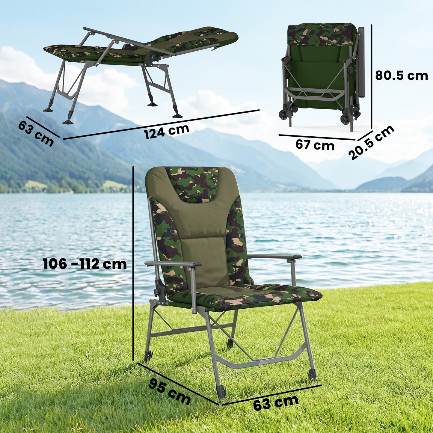 Camping Chair Padded Reclining Folding Chair with Wide Armrests