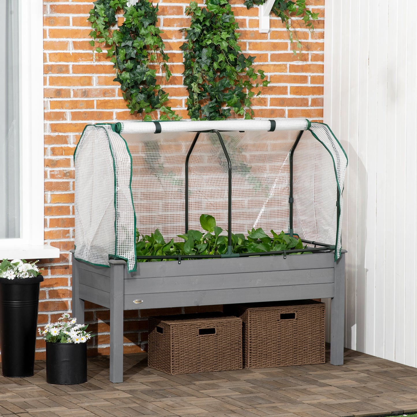 Raised Garden Bed Outdoor Elevated Wood Planter Box w/ PE Cover