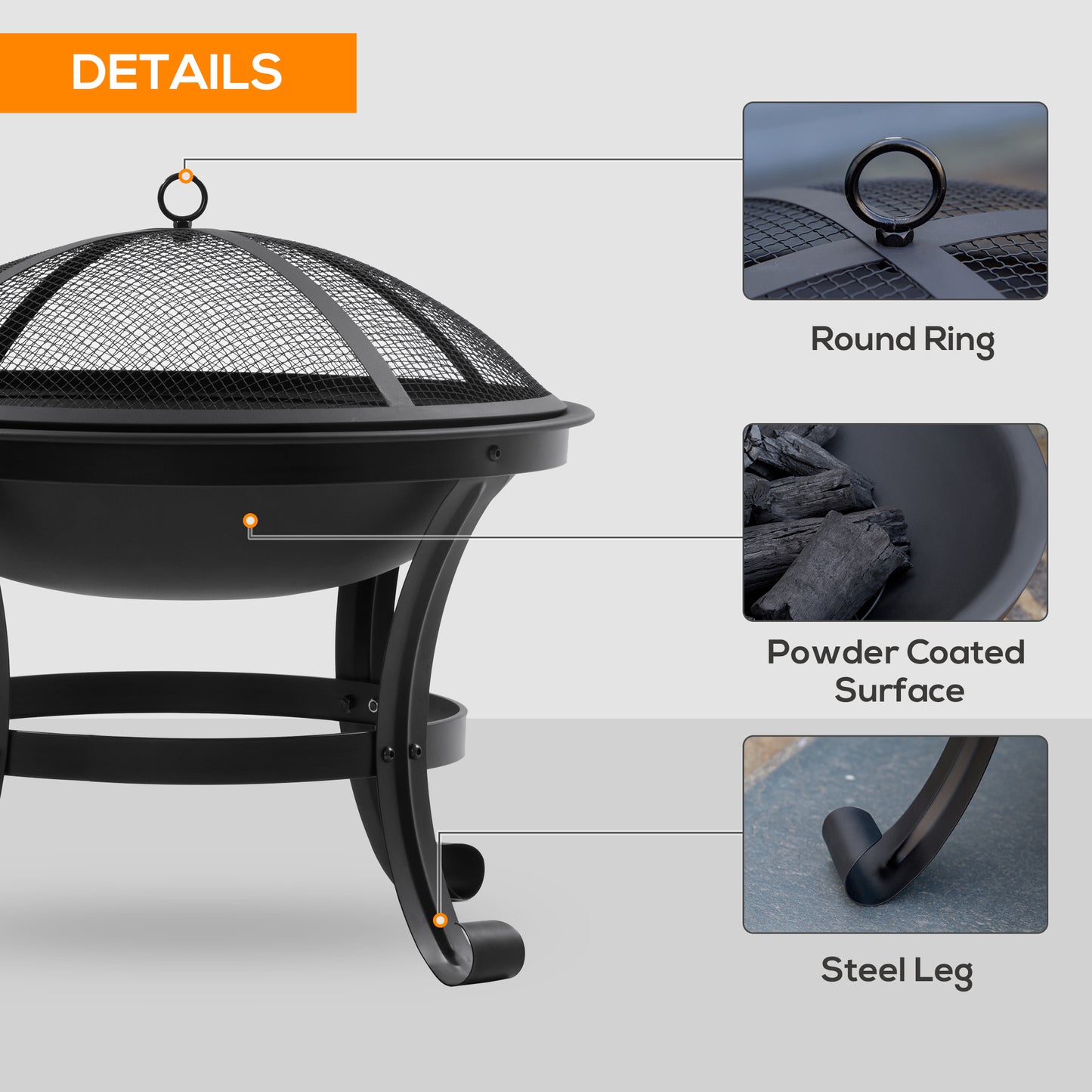 Outdoor Fire Pit, Firepit with Mesh Lid, Poker, for Camping, Bonfire