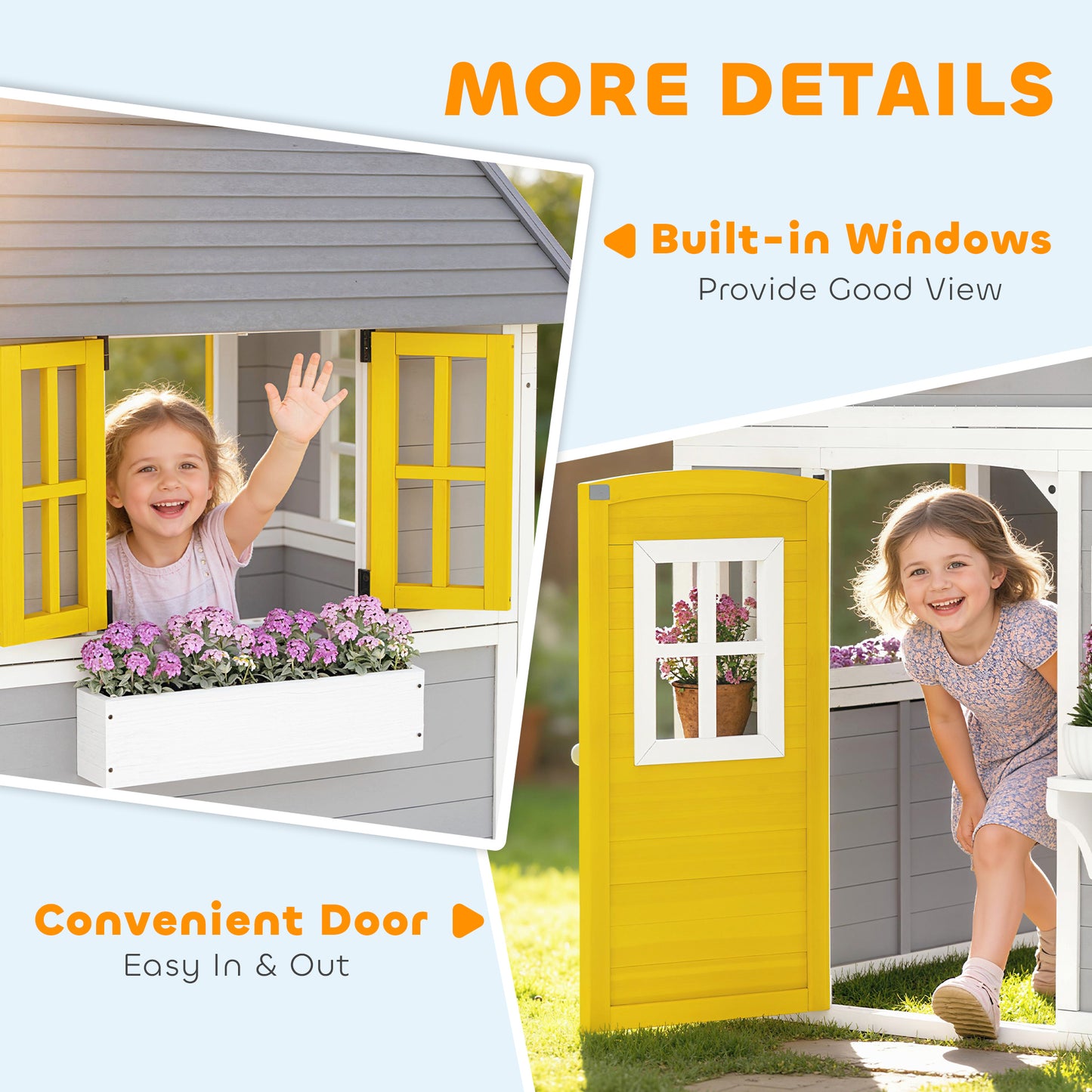 Wooden Playhouse with Doors, Windows, Plant Pots, Boxes, for 3-8 Years