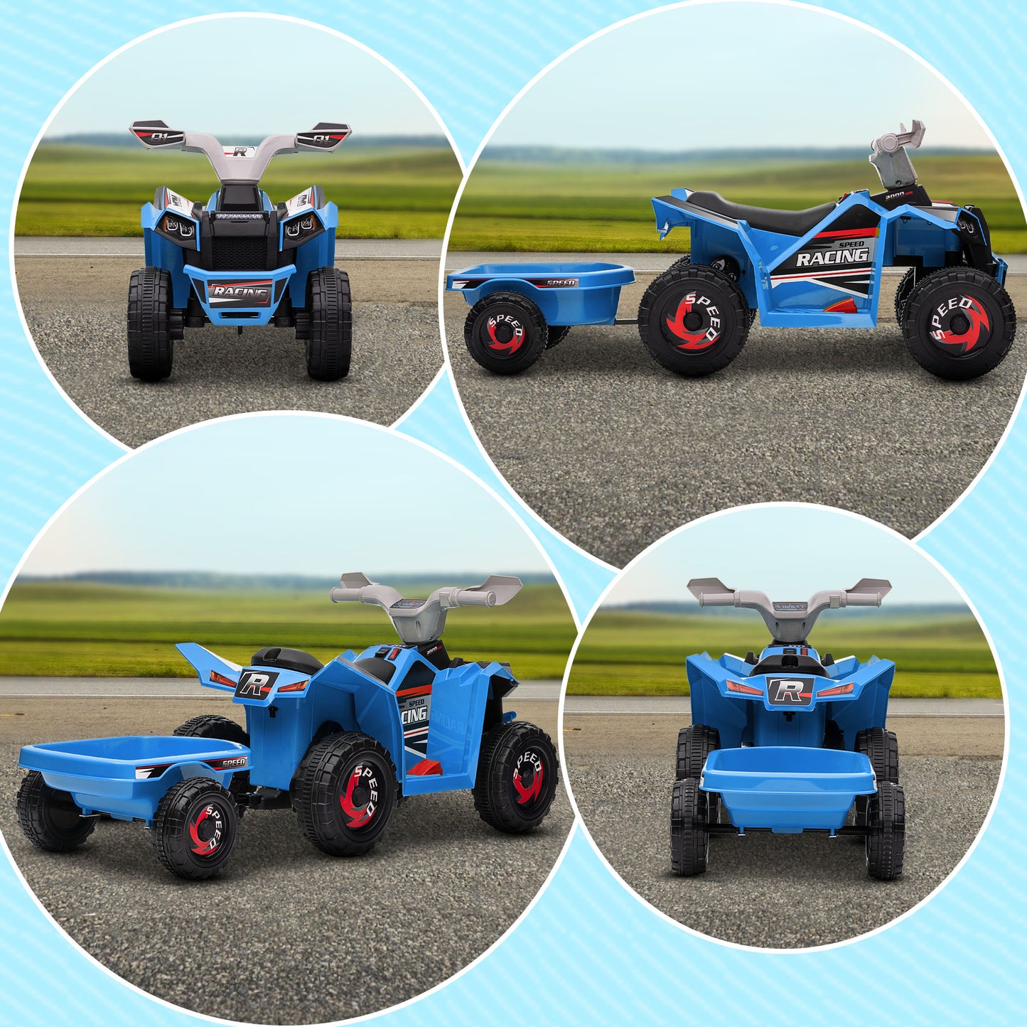 6V Quad Bike with Back Trailer, Wear-Resistant Wheels