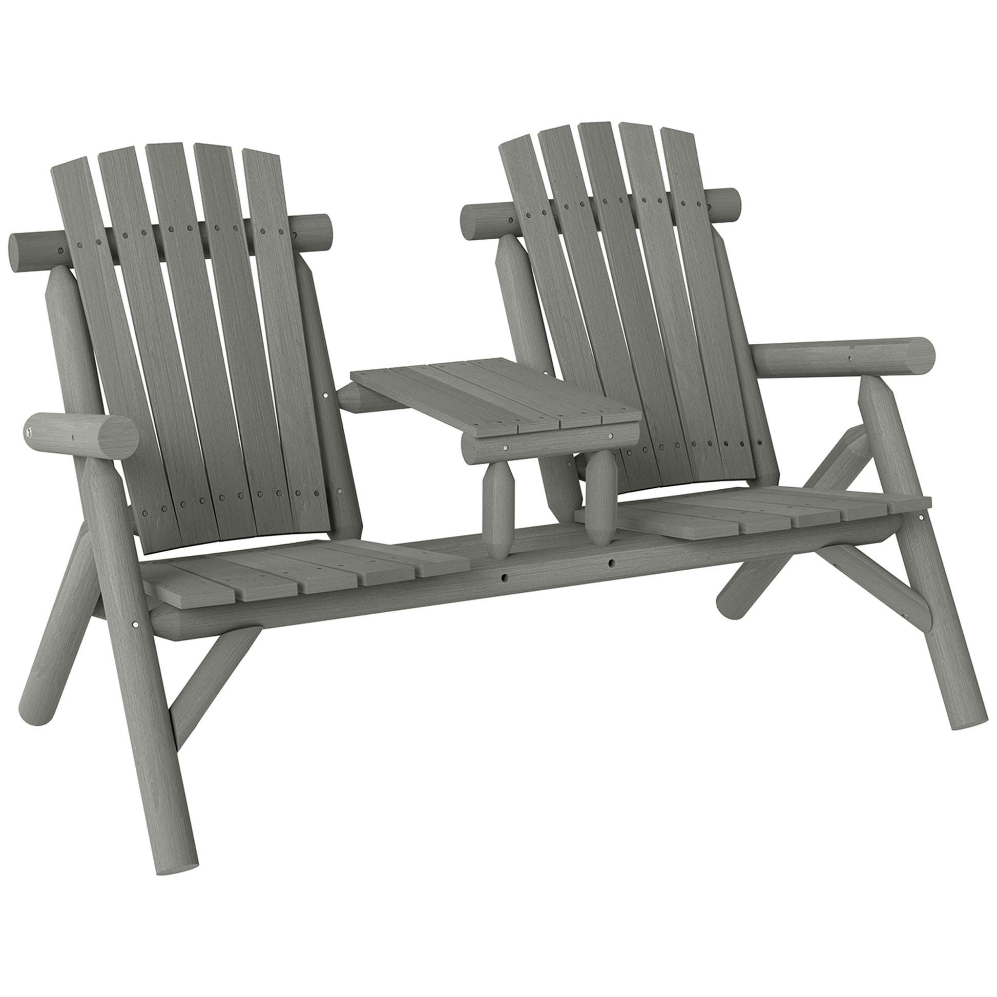 Wood Patio Chair Bench 2 Seats w/ Centre Coffee Table, Garden Bench