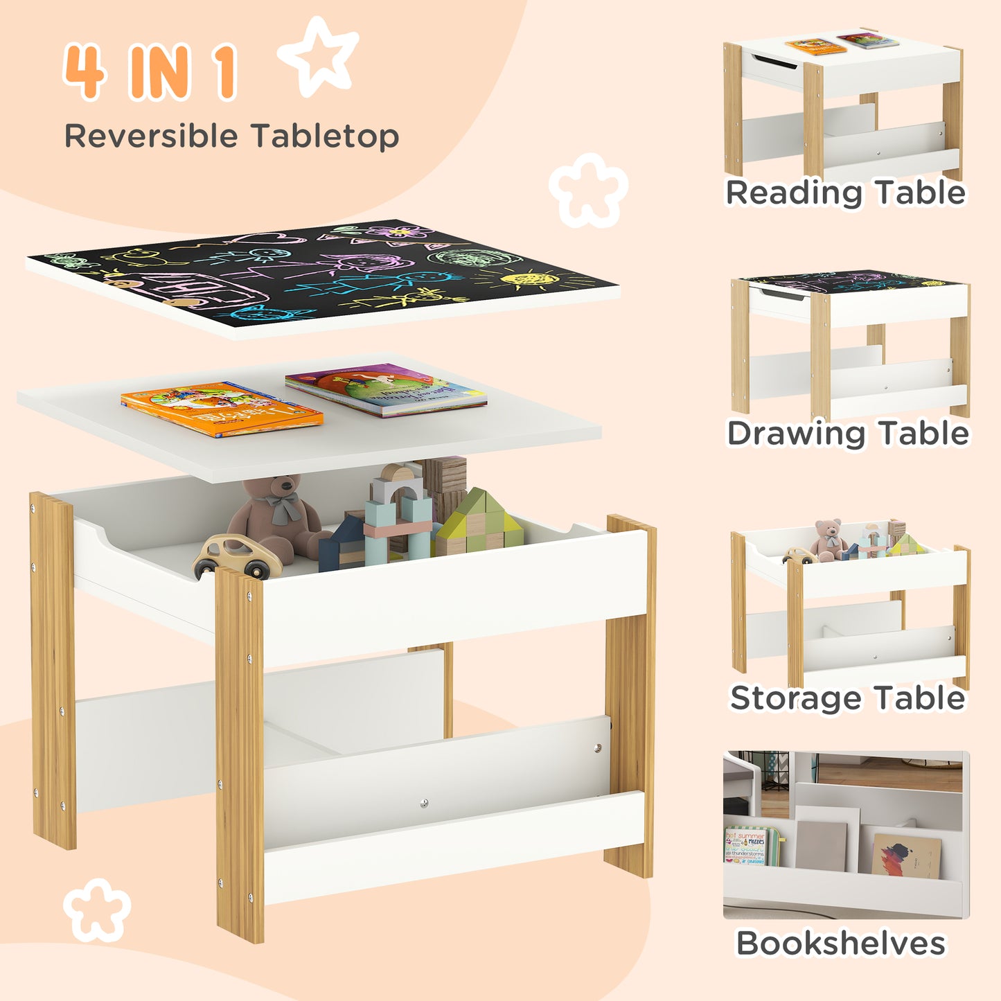 Three-Piece Kids Table and Chair Set with Blackboard, Storage