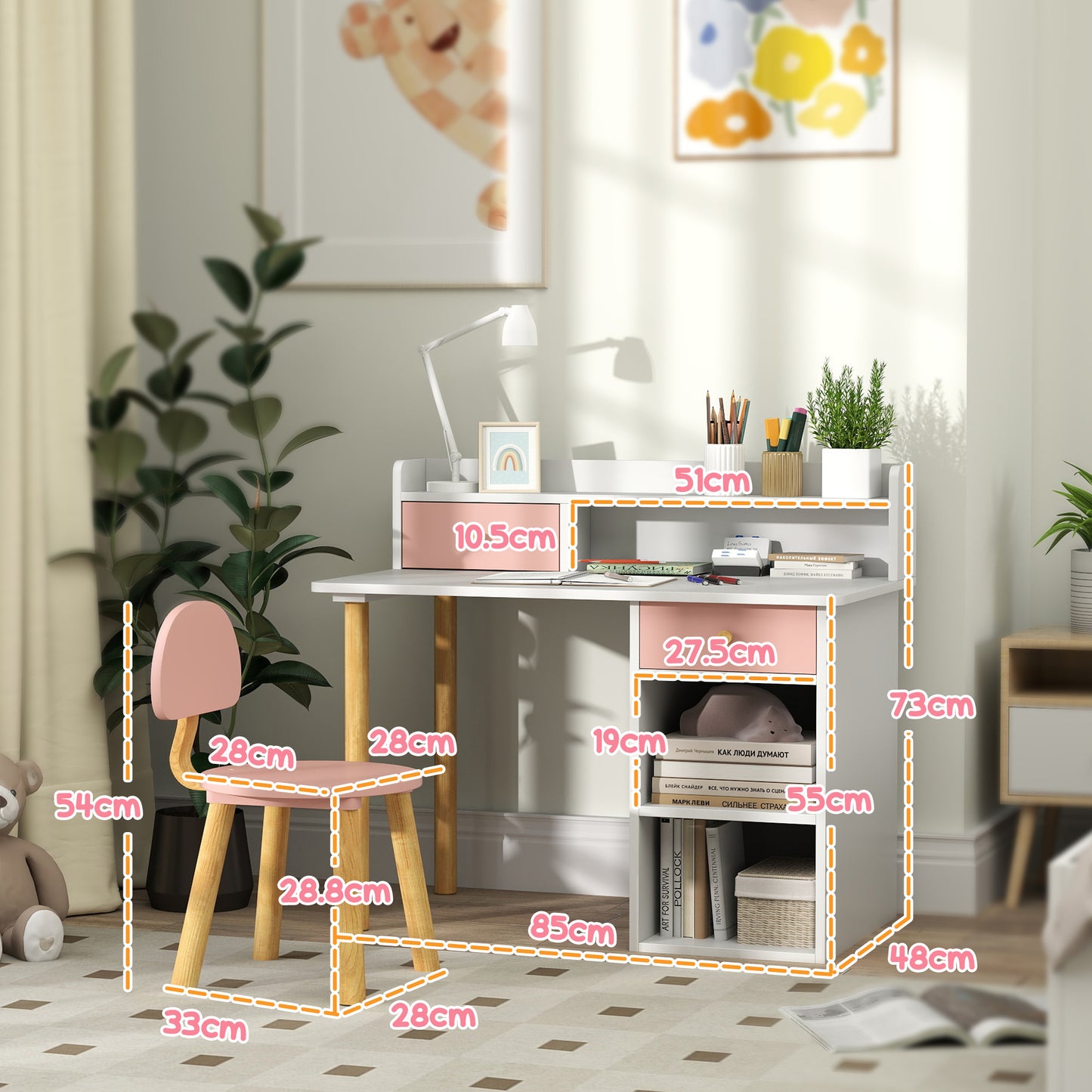 2 Pieces Children Study Table with Hutch