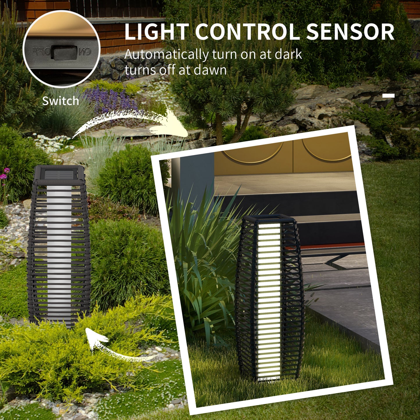 Rattan Solar Floor Lamp,  68cm Tall Outdoor Garden Lantern Pathway