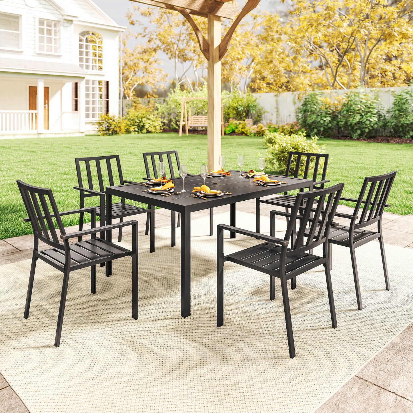 Seven-Piece Minimal Metal Garden Dining Set, with Parasol Hole