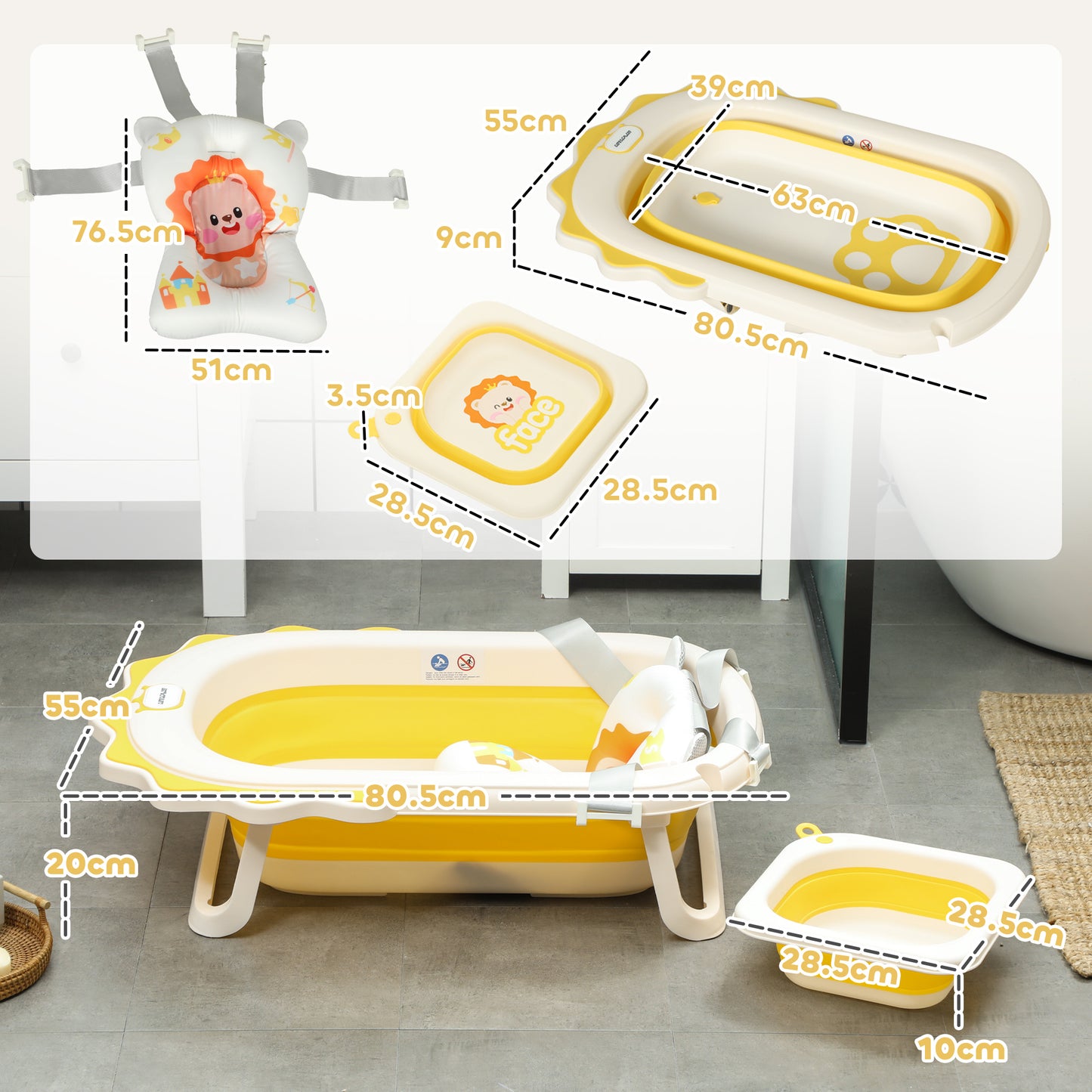 Foldable Baby Bath Tub Set with Bath Cushion, Wash Basin