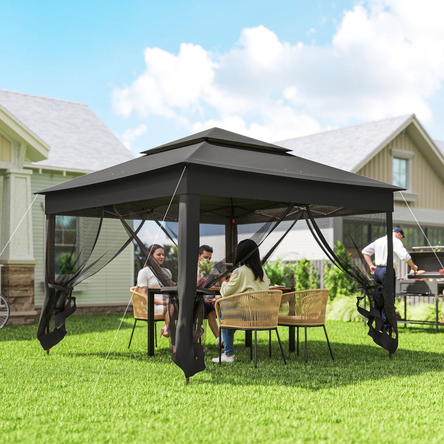 3 x 3(m) Pop Up Gazebo, Double-roof Garden Tent with Netting (1)