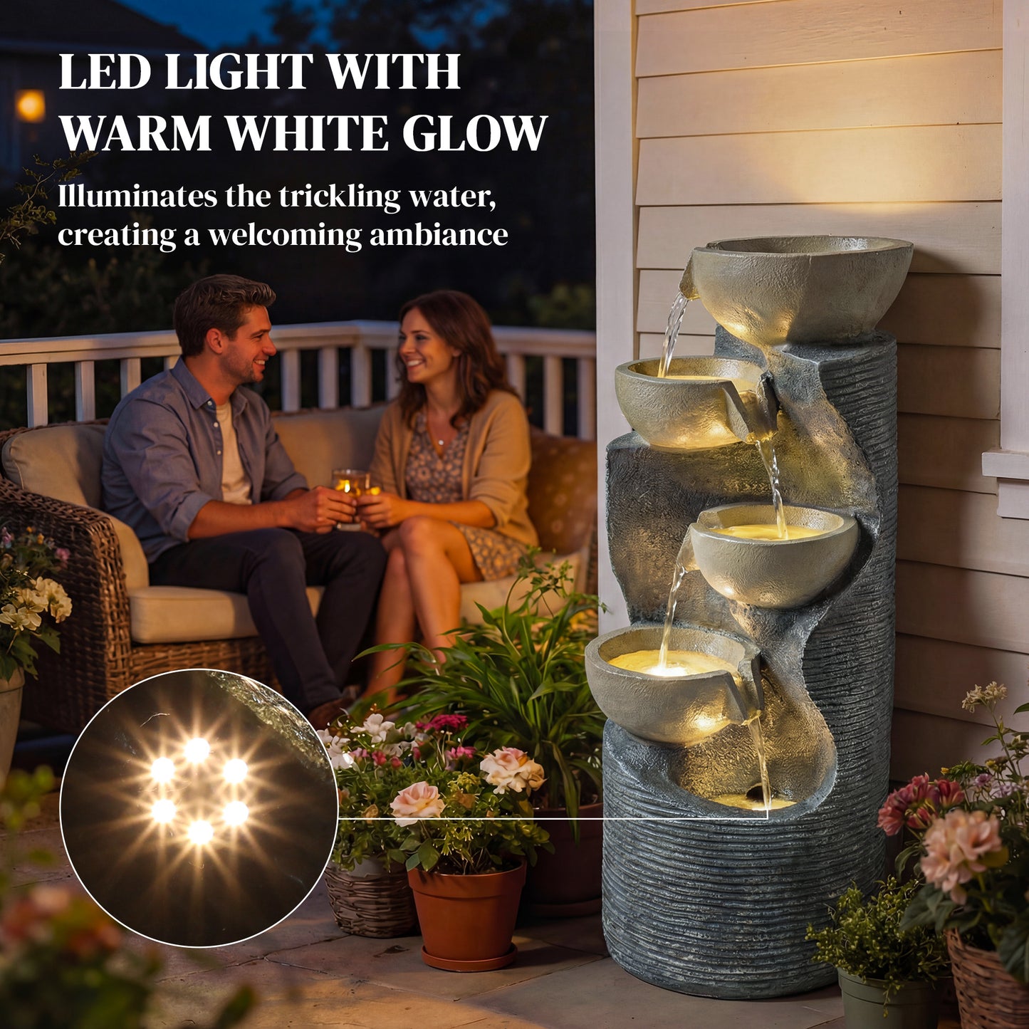 Garden Water Feature, Outdoor Water Fountain with LED Lights