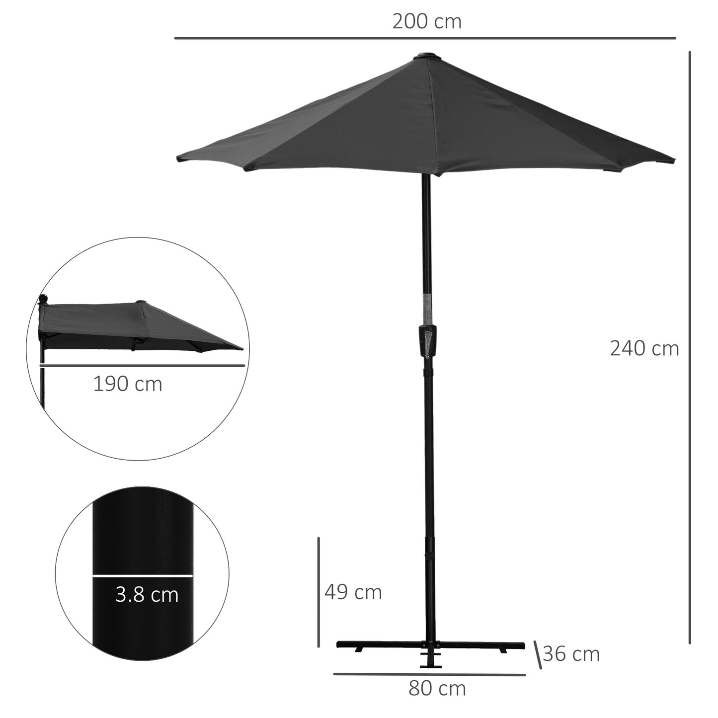 2m Half Parasol Market Umbrella Garden Balcony Parasol