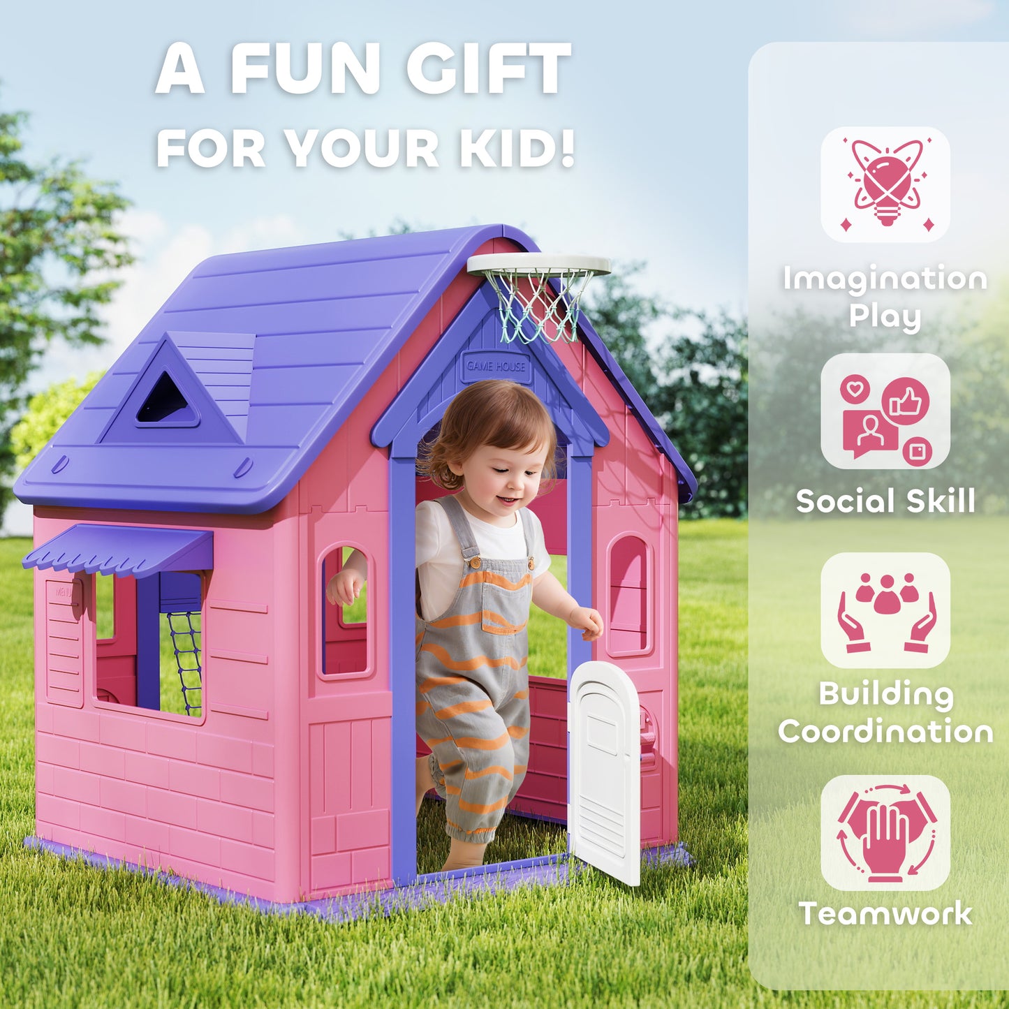 5-in-1 Playhouse for Kids Outdoor Indoor with Basketball Hoop