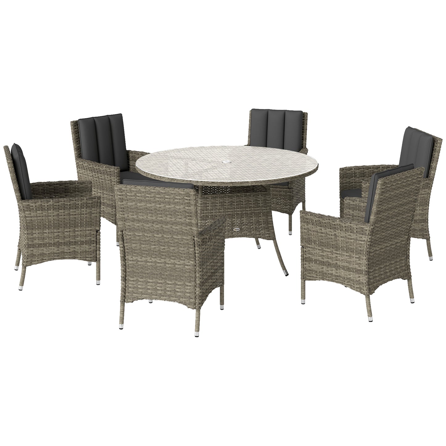 Seven-Piece Rattan Dining Table, with Round Glass-Top Table