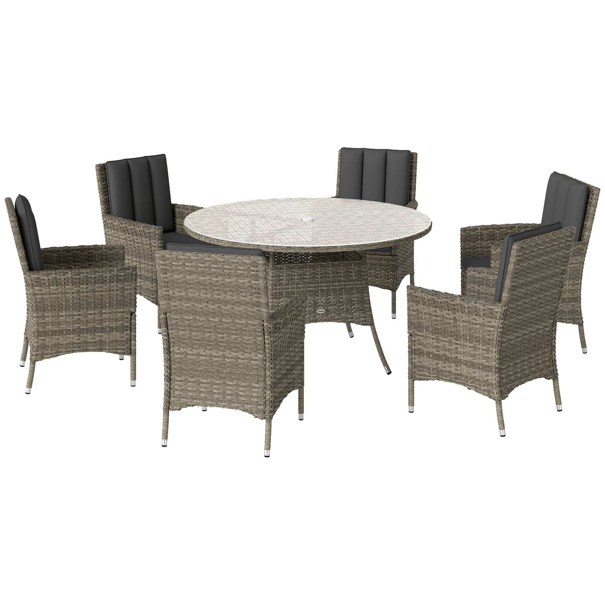 Seven-Piece Rattan Dining Table, with Round Glass-Top Table